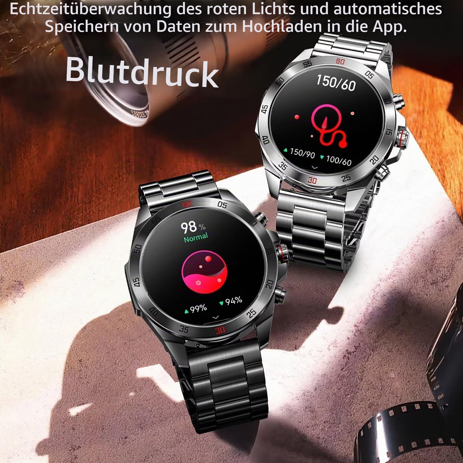 Smartwatch Herren Metallarmband Gold Silber Schwarz Robust Edelstahl Gesundheitsuhr Blutdruckmessung Telefonfunktion Pulsuhr für Android IOS Whatsapp Funktion Fitnessuhr pulsmesser Schrittzähler