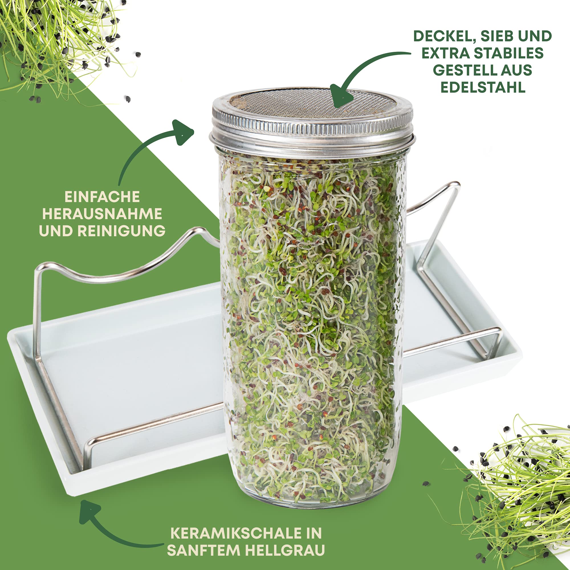 Lot de 3 bocaux à germer en verre - Gris - Avec couvercle et passoire en acier inoxydable de qualité supérieure - Pour la culture des pousses - Pour germer les échelons