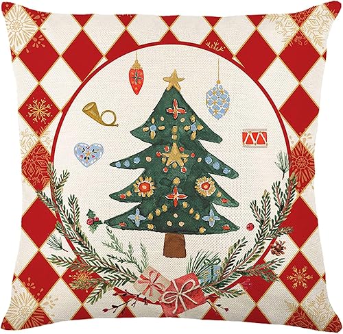 Miniatura 5 de LOHDALOLF Juego de 4 fundas de almohada verdes de Navidad de 18 x 18 pulgadas, fundas de almohada decorativas de copos de nieve con árbol de