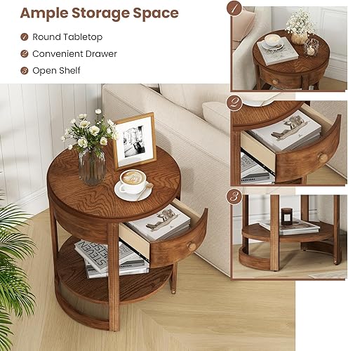 Miniatura 4 de Giantex Mesa auxiliar redonda, mesa auxiliar de madera de 2 niveles con cajón y estante, acabado de grano de madera vintage, mesita de noche