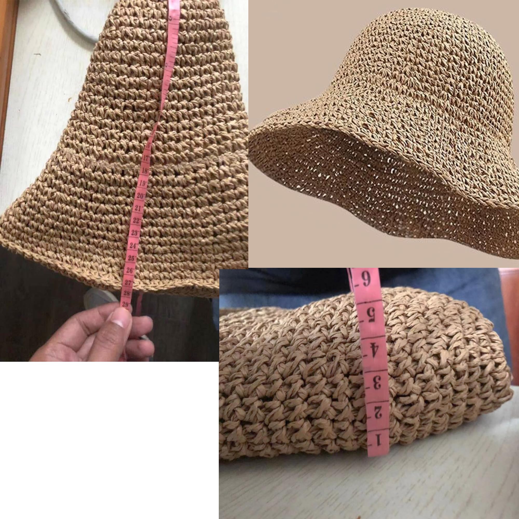 Cappello di paglia floppy da donna all'uncinetto morbido cappello da sole da spiaggia da viaggio grande cappello da secchio estivo pieghevole medio