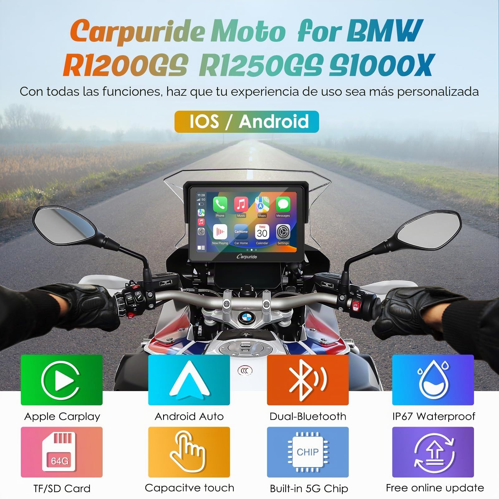 Carpuride W502B - Pantalla GPS 5 Pulgadas para Moto BMW R1200GS/R1250GS/S1000XR, CarPlay y Android Auto Inalámbrico, Pantalla Táctil Impermeable, Bluetooth Dual, Navegación Portátil para Moto