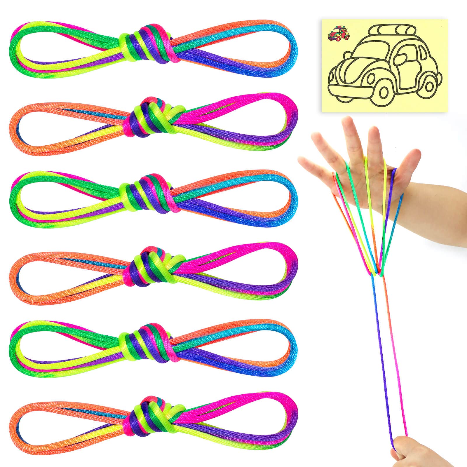 SONGTIY 6PCS Cats Cradle String, 65 Inch Long Rainbow Colourful Finger Rope, Chinese Finger String Games Toy for Kids, Adults, Children's Day, with A Sand Painting