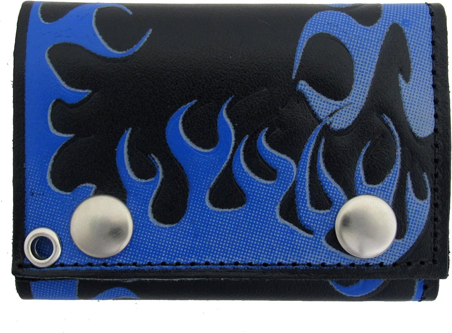 Men's Wallet Black Genuine Leather Chain Biker Trifold Blue Flames Billfold