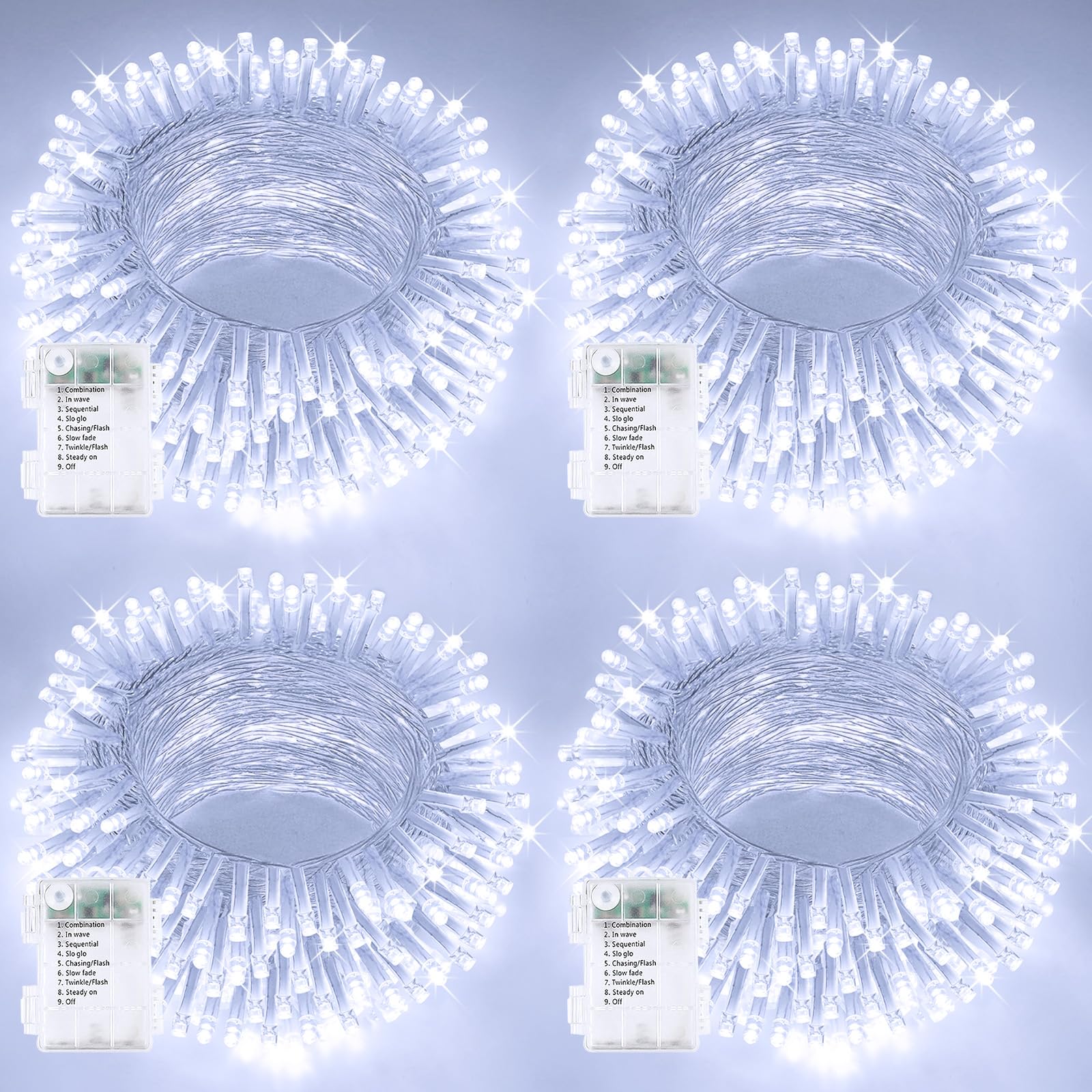 Paquete de 4 luces de cadena que funcionan con pilas con temporizador, 400 luces LED impermeables parpadeantes, 8 modos de luz de hadas para interiores y exteriores, fiesta, dormitorio, porche, árbol