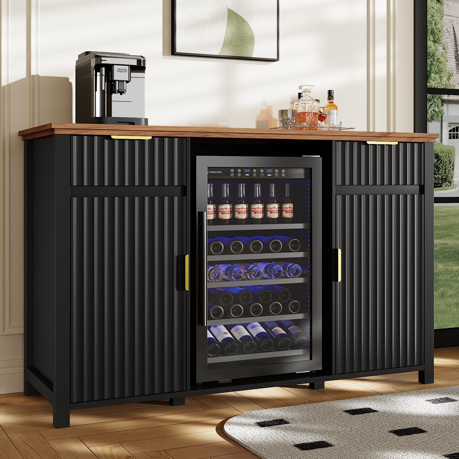 Varello Coffee Bar with Mini Fridge Space & Charging Station, Modern Fluted Mini Fridge Cabinet, Large Bar Cabinet with Wine & Beverage Storage for