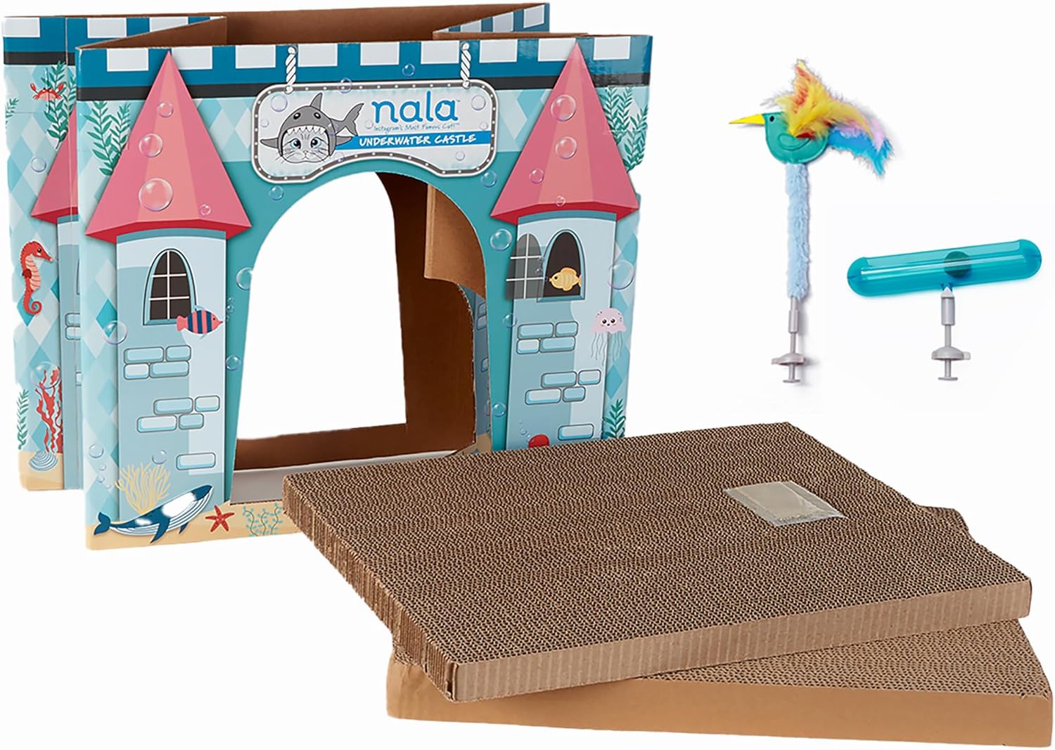 Caitec Presents Nala Cat Underwater Castle Scratcher Box with Toys - Interactive Scratch Pad