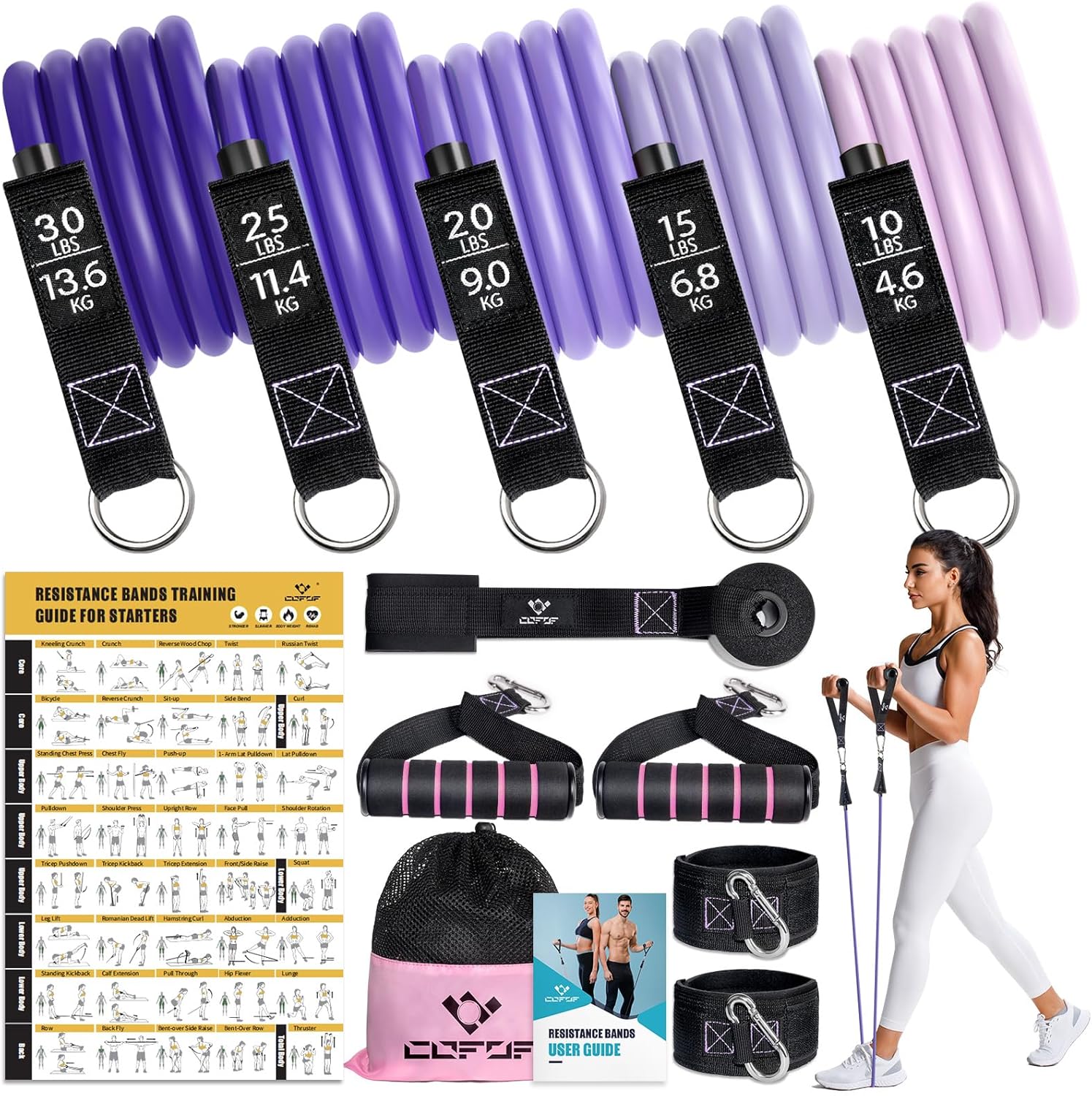 resistance bands with handles for women, 5 level exercise bands workout bands for physical therapy, yoga, pilates, door anchor, storage pouch 10-100 lbs purple