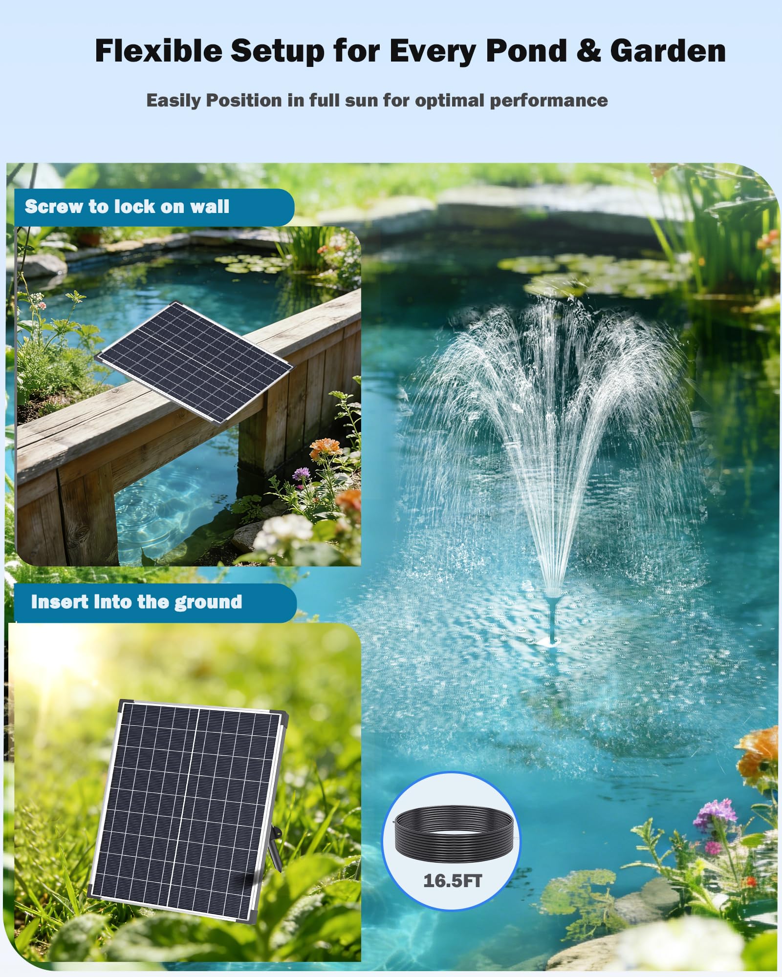Antfraer 25 W Solar-Teichpumpe, Solar-Springbrunnenpumpe mit 1,8 m Schlauch und 4,6 m Kabel für Gartenteiche, Aquarien, Wasserfälle und DIY-Brunnen-Wasserspiele