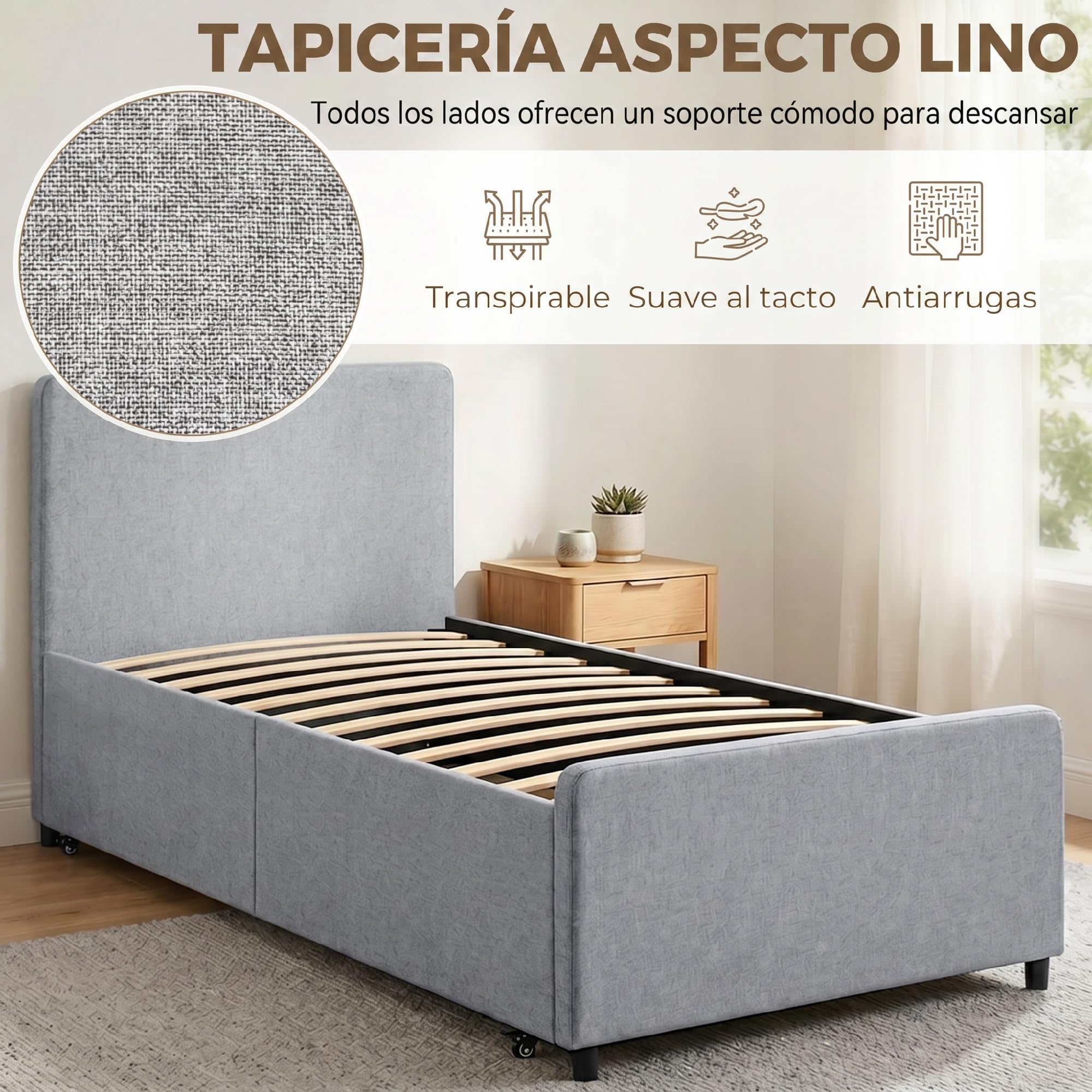 HOMCOM Cama Nido Individual 90x190 cm con Cabecero y Piecero Gris Claro | Estructura de Cama Tapizada en Lino, Listones de Madera, Sin Colchón