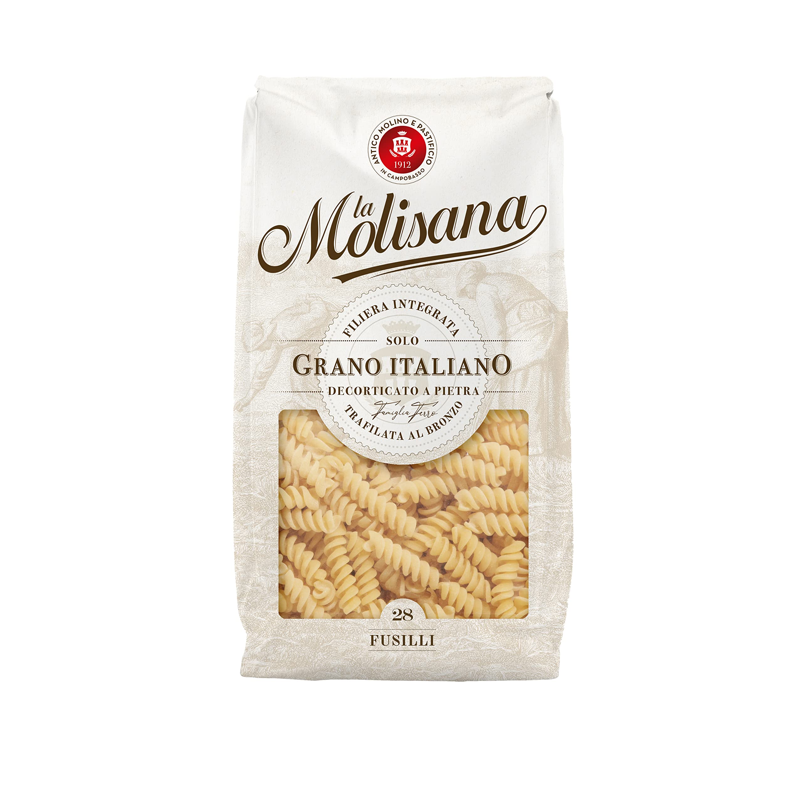 La Molisana Fusilli N. 28 Pasta Lenta Lavorazione Pastas de sémola de trigo duro, dibujo de bronce, 500 g + 2 Polpa italiana Gourmet