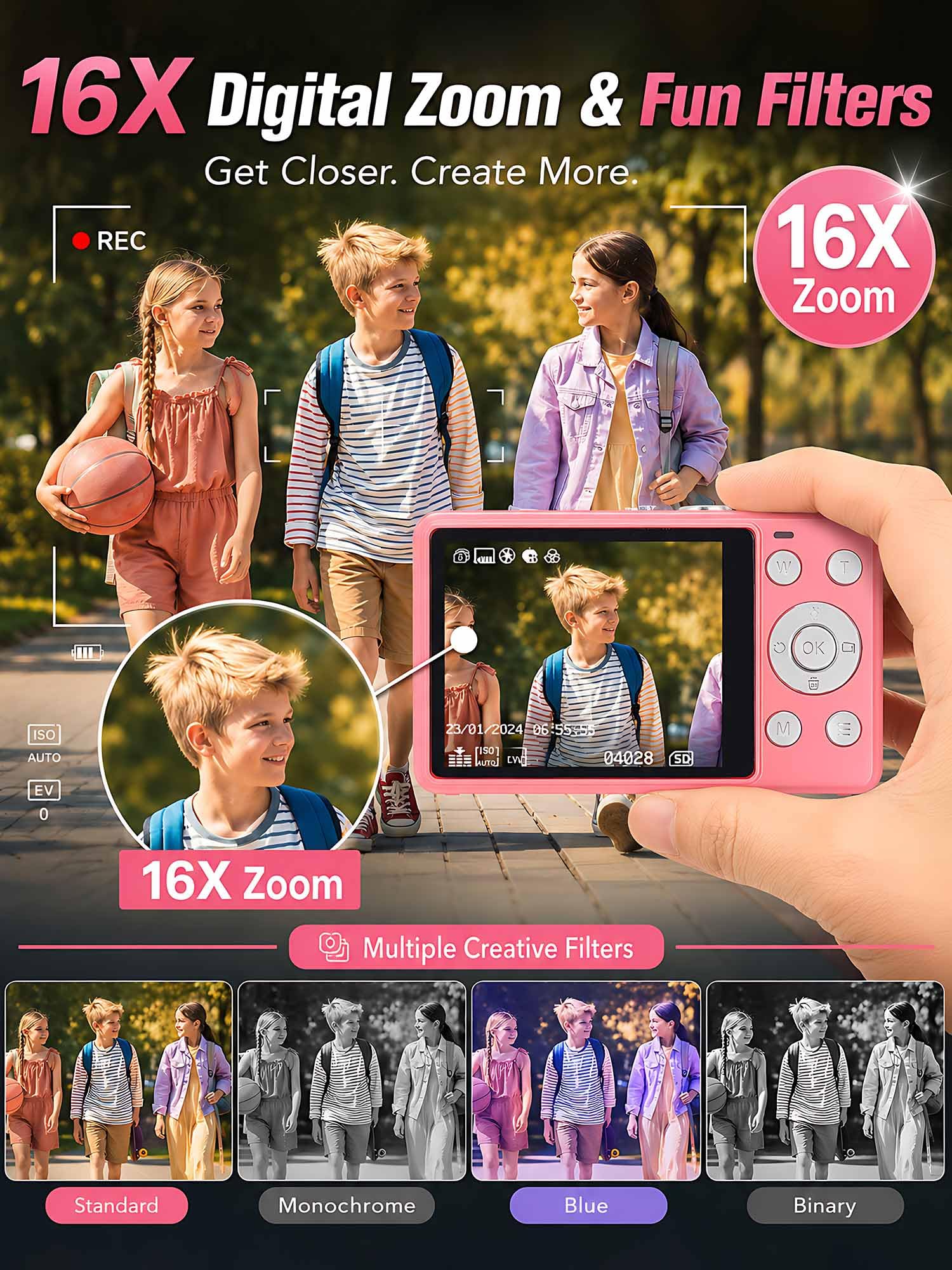 Fotocamera digitale 4K da 64 MP, fotocamera compatta rosa con zoom digitale 18x, schermo LCD da 2,8", scheda microSD integrata da 64 GB e batteria ricaricabile da 1500 mAh, fotocamera per