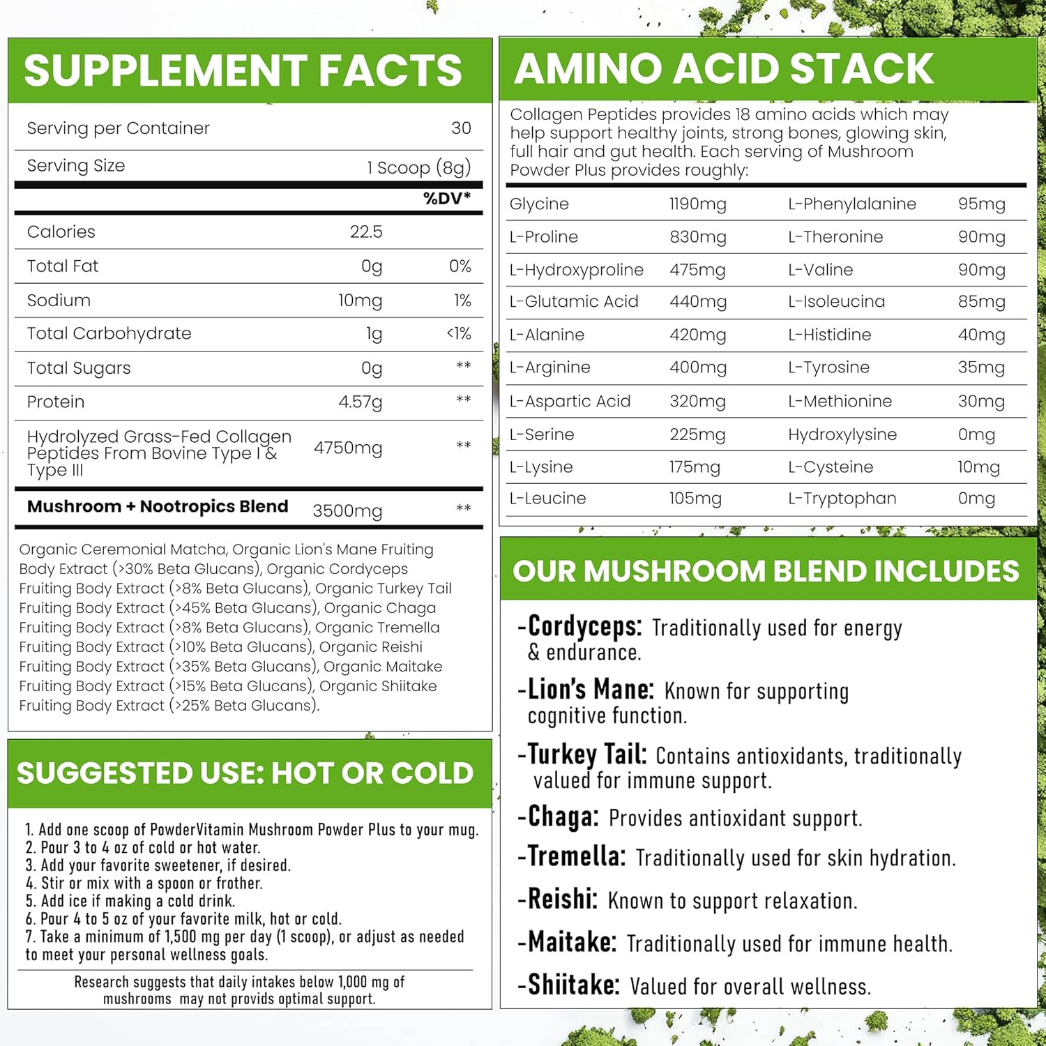 PowderVitamin Organic Ceremonial Mushroom Matcha Certified Pesticide-Free Grass-Fed Collagen Types I & III 8 Fruiting Body Mushrooms Tested for Beta-Glucans Focus Digestion & Immunity 30 Servings