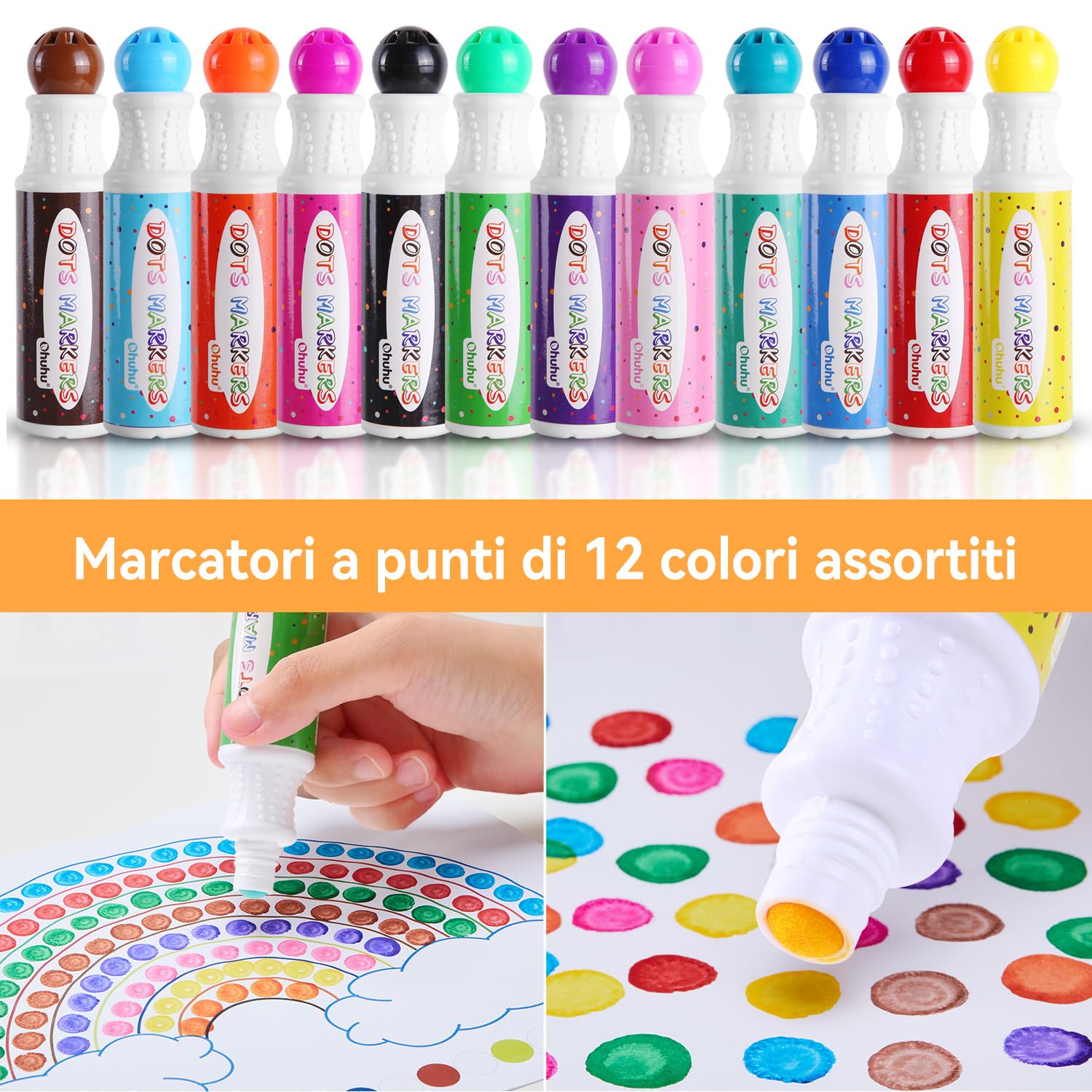 Ohuhu Pennarelli per bambini 12 colori super lavabili (40 ml) con libro di attività in bianco di 30 pagine - Penne Bingo a punta tonda di sicurezza non tossica per la scuola dell'infanzia
