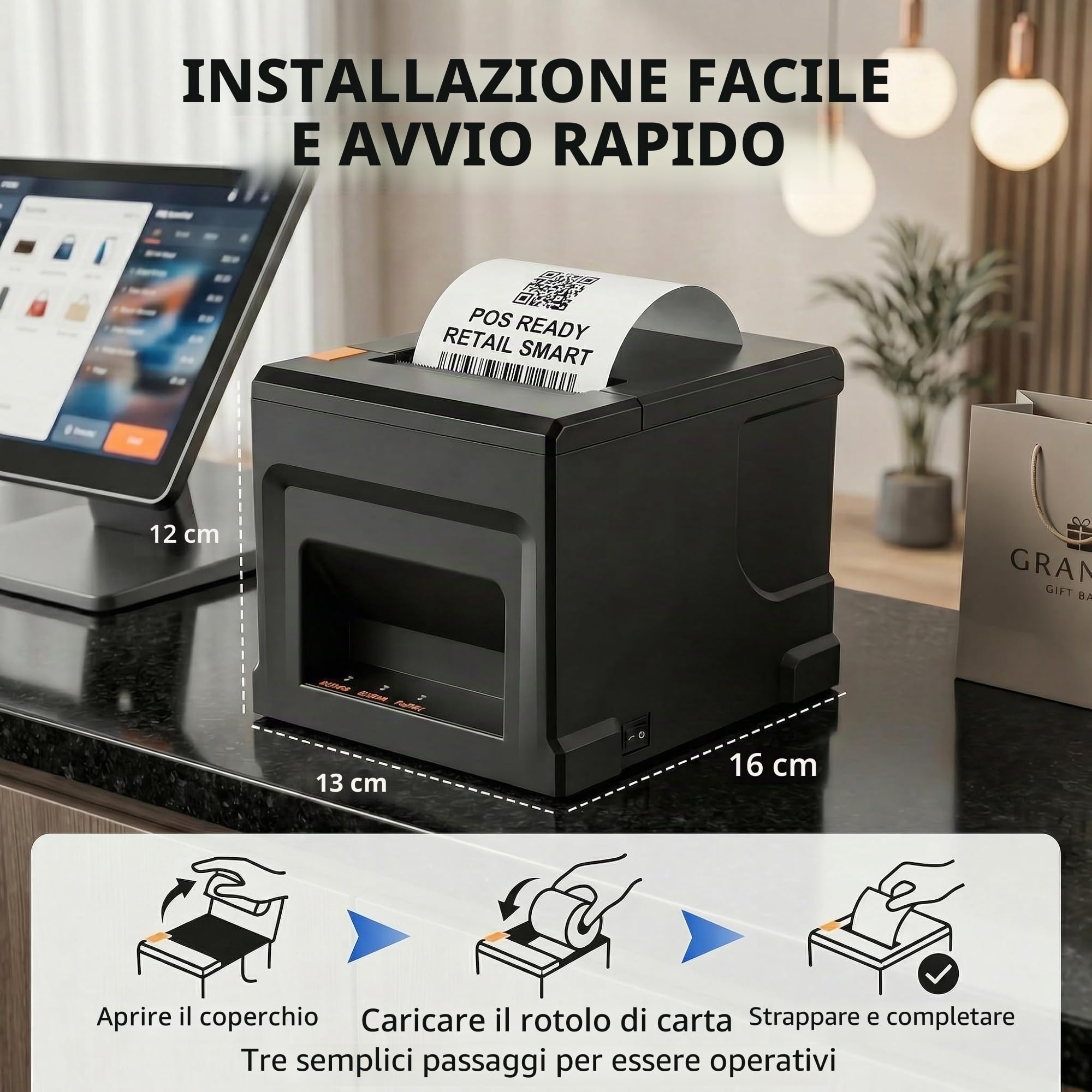 Stampante termica USB da 80 mm per ricevute di cassa – velocità massima di 300 mm/s, alimentazione auto, facile configurazione Windows per gastro e vendita al dettaglio (POS)