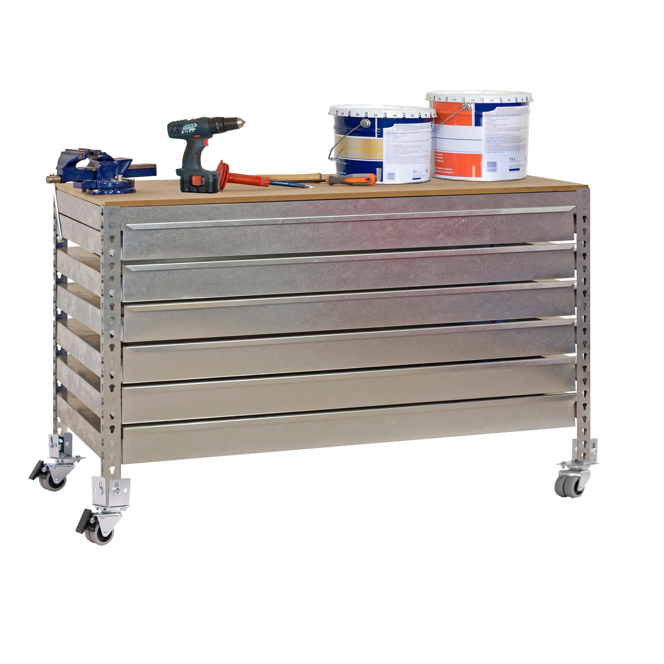 Simon Rack Banco de Trabajo Taller con Ruedas 1210x760 mm - BT5 | 6 Cajones, Tablero madera 16 mm, Capacidad Carga 120 kg, Galva , Pintura anticorrosión, Montaje sistema clic
