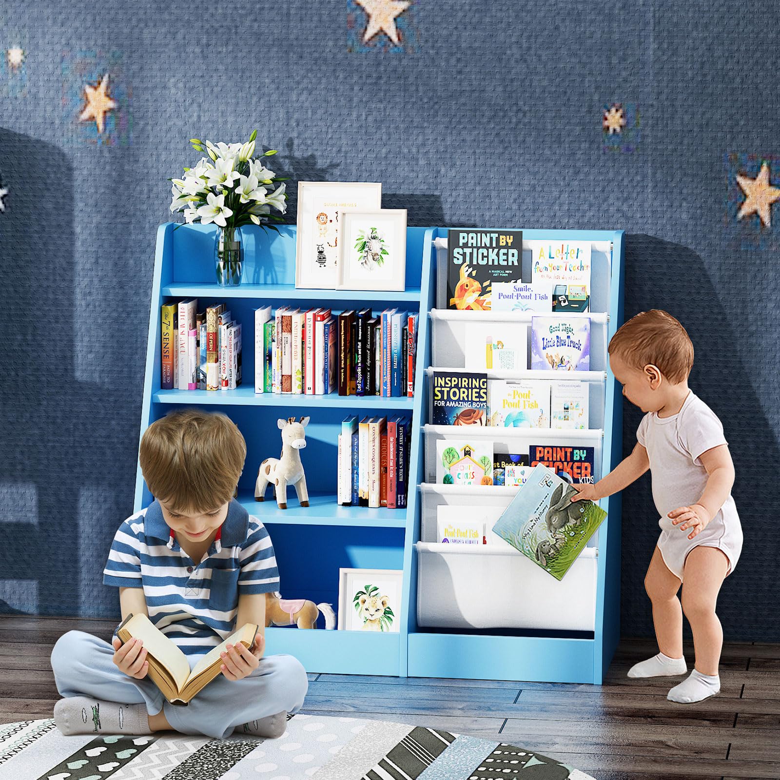 Snapklik.com : Blue 4 Tier Kids Wooden Bookshelf,Five Layer Sling ...