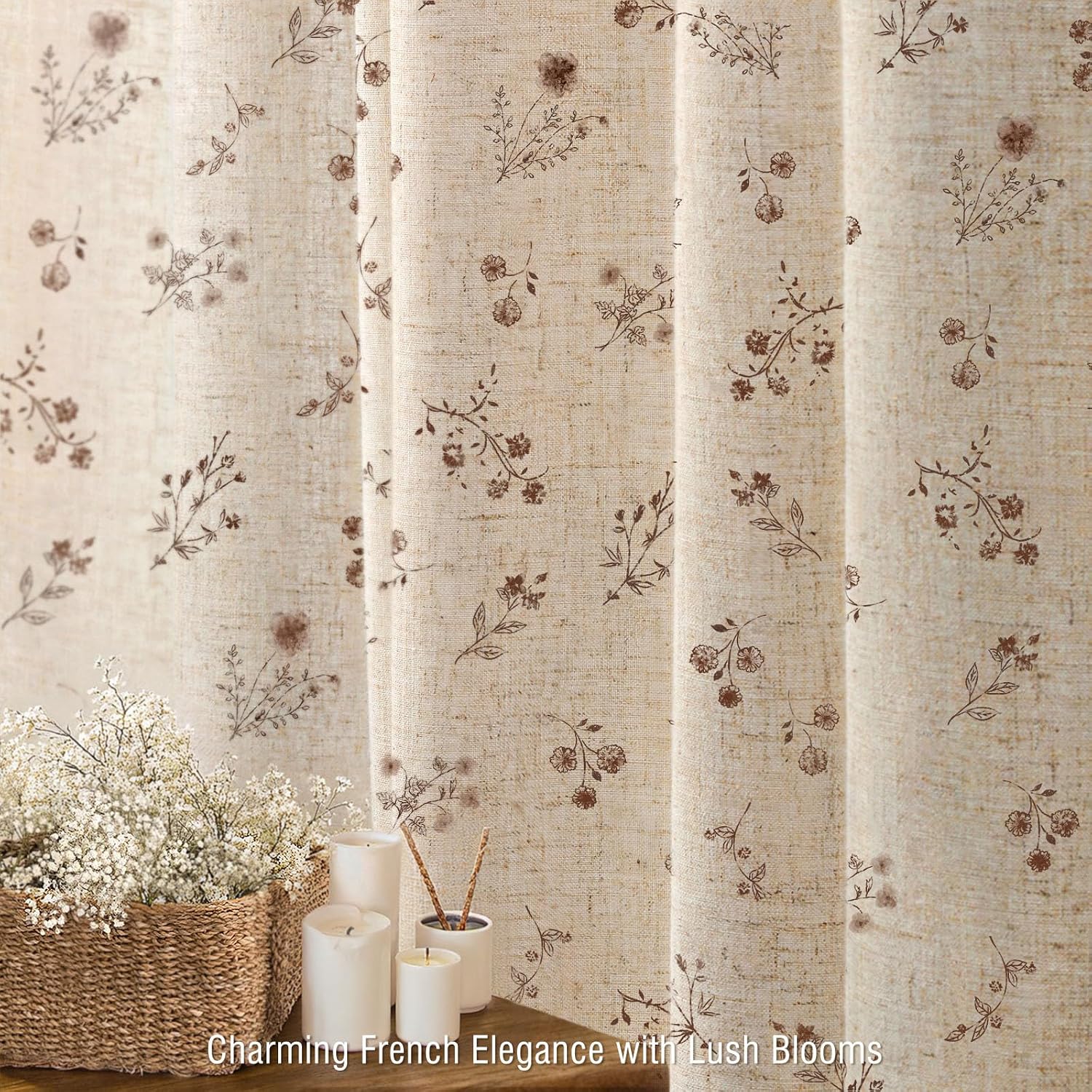 Brown Floral Farmhouse Vintage Linen Shower Curtain, French Country Shower Curtains for Bathroom, 72Wx72H