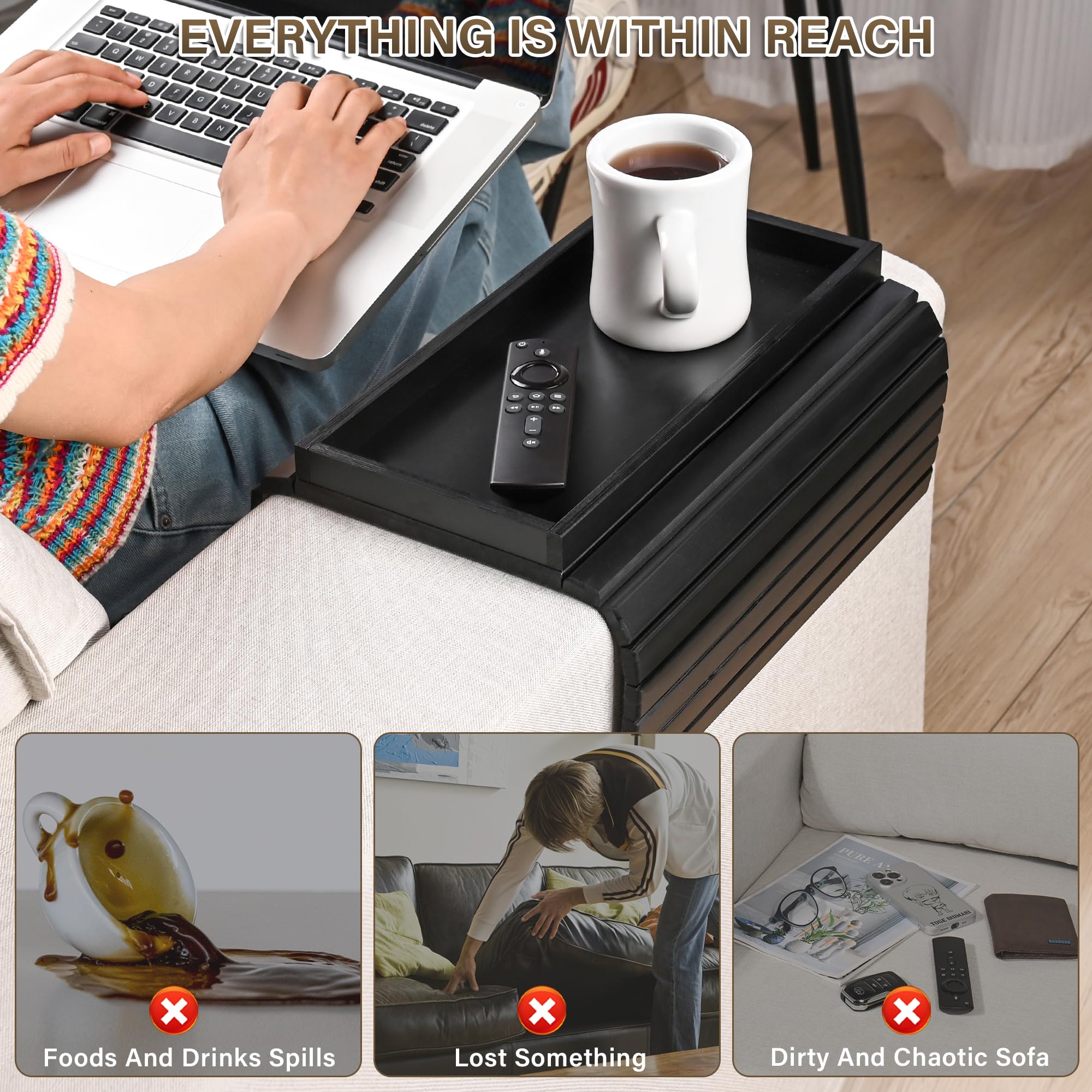 Bandeja de bambú para reposabrazos de sofá, bandeja para reposabrazos de sofá, bandeja plegable para reposabrazos, mesa de sofá para comer, bebidas, aperitivos, control remoto, teléfono