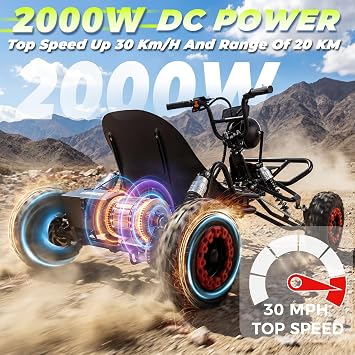 Electric Go Kart, 2000W Motor Go Kart for Adults & Kids with Premium Steel Tubular Frame, 3 Speed Off-Road Kart with 6'' Tires, Hydraulic/Rear Disc Brake, Up to 30MPH, 53.2''L*35.5''W*30''H