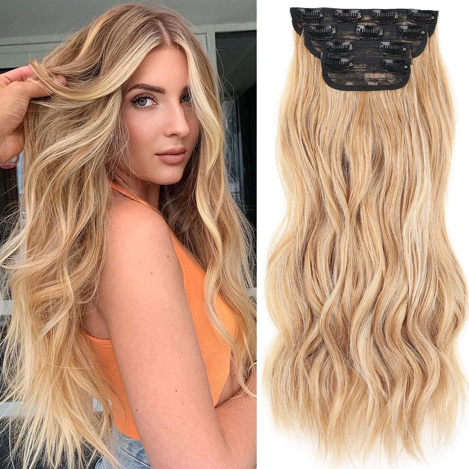 Mscat 20 Inch Curly Hair Extensions Clip in Hair Extensions Synthetic Thick Hair pieces for Women 4PCS Full Head Set Thick Long Curly Wavy Synthetic Hair Extensions(Gloden Blonde)