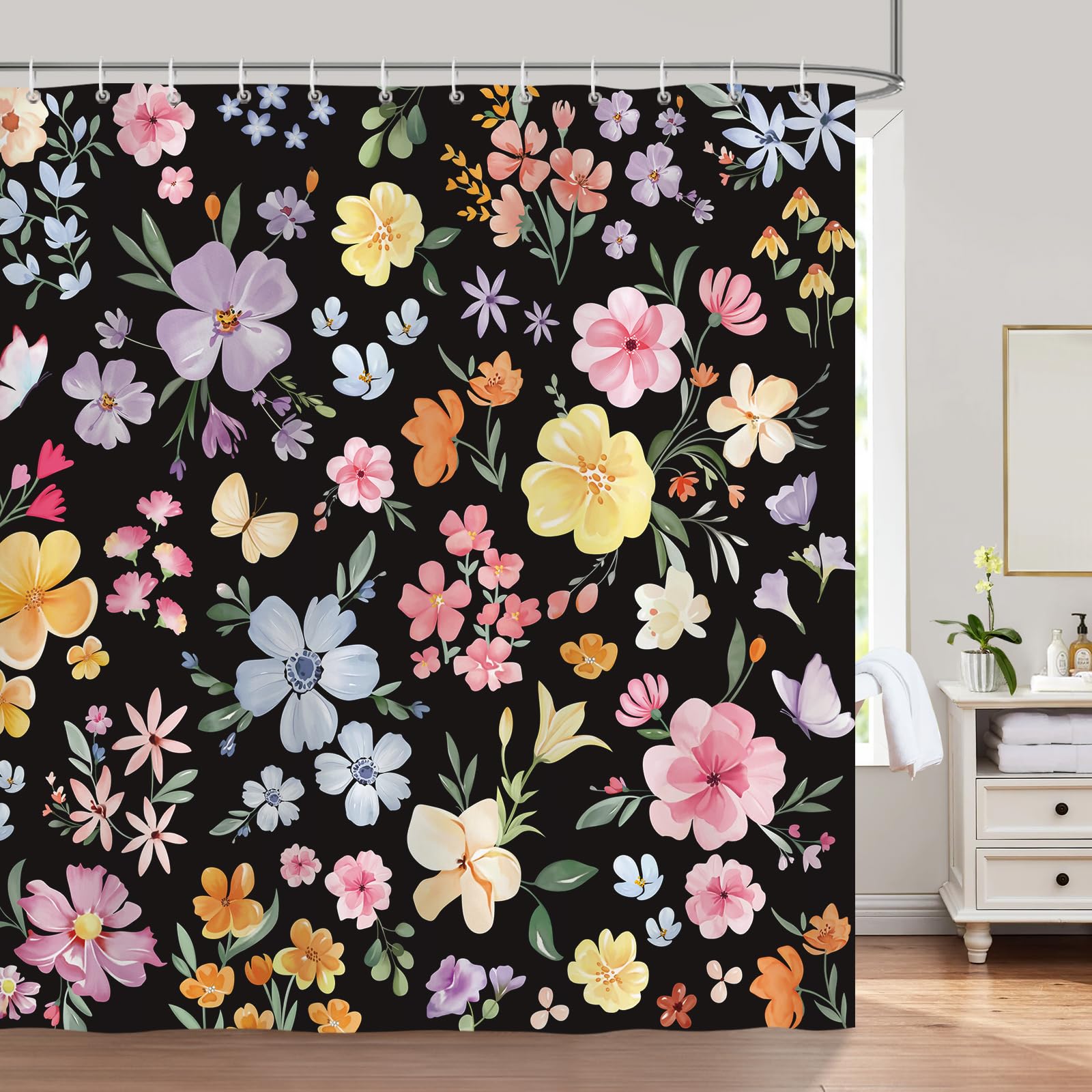 Bonhause Cute Floral Shower Curtain, Boho Flower Modern Black Bathroom Curtain 180 x 180 cm Waterproof Mildew and Mould Resistant Polyester Fabric Bath Curtain with 12 Hooks