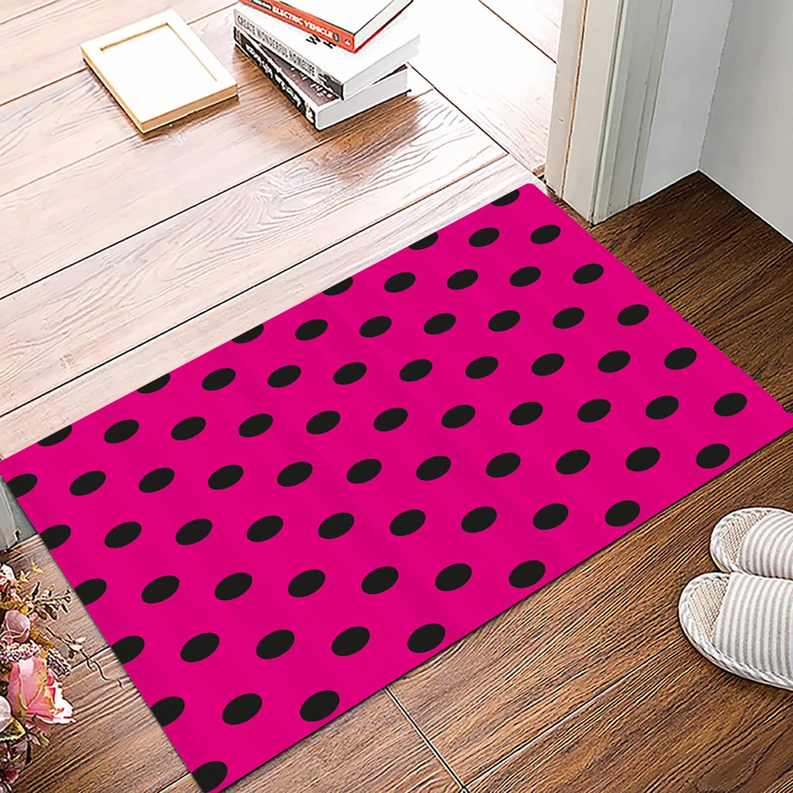 Badematte 50x80cm, Rutschfeste Badteppich, Pink, Pop-Art-inspiriertes Design Retro-Muster aus schwarzen Tupfen Klassisch ,Mikrofaser Badvorleger mit, Wasserabsorbierende Weiche teppiche für Badezimmer