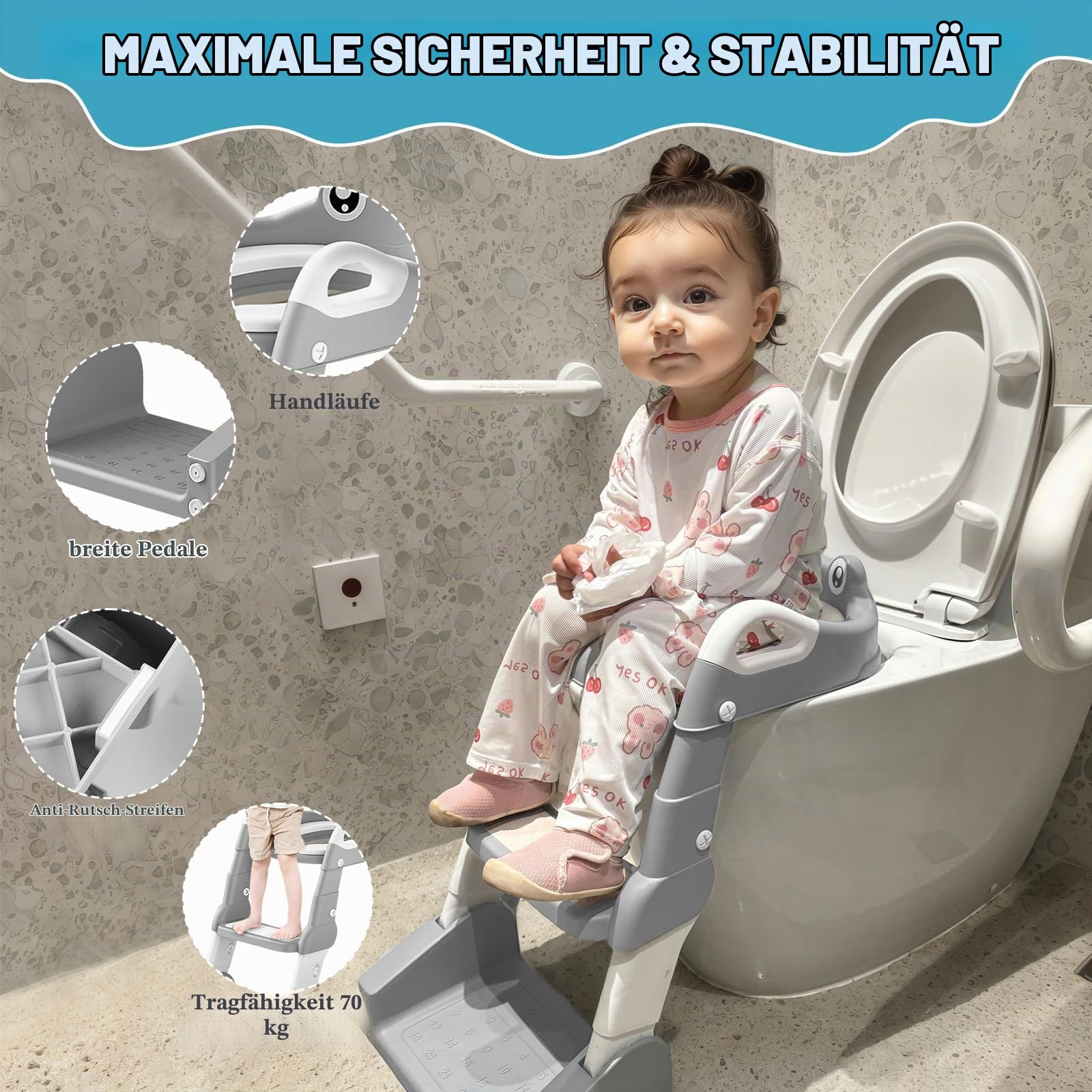 Toilettensitzverkleinerer für Kinder, 2 in 1 Toilettensitzverkleinerer für Kinder, Toilettensitz mit Stufen, Toilettenadapter mit PU-Kissen, Spritzschutz und rutschfestes Sauberkeitstraining
