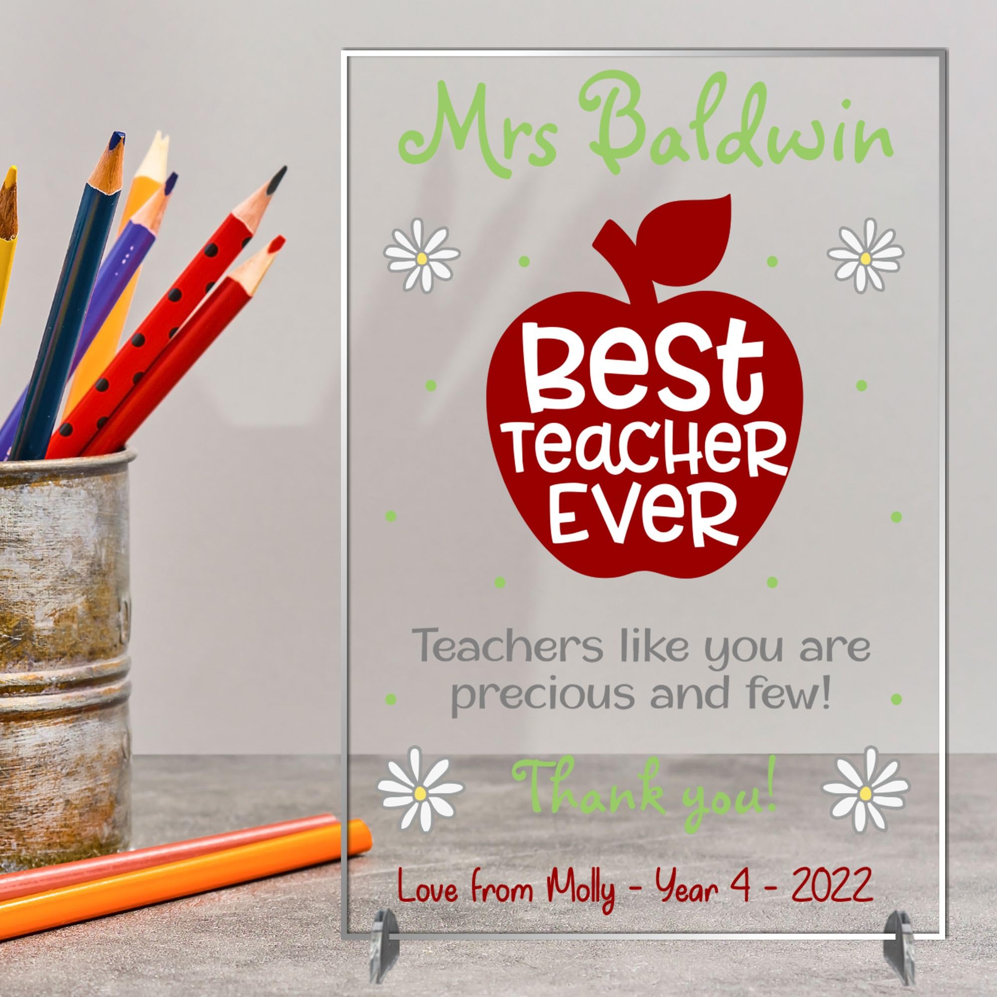 Personalised Best Teacher Ever Freestanding Plaque for Educators - Heartfelt Thank You Design with Apple & Floral Decor for Appreciation Gifts (Acrylic, A5-21cm x 14cm)