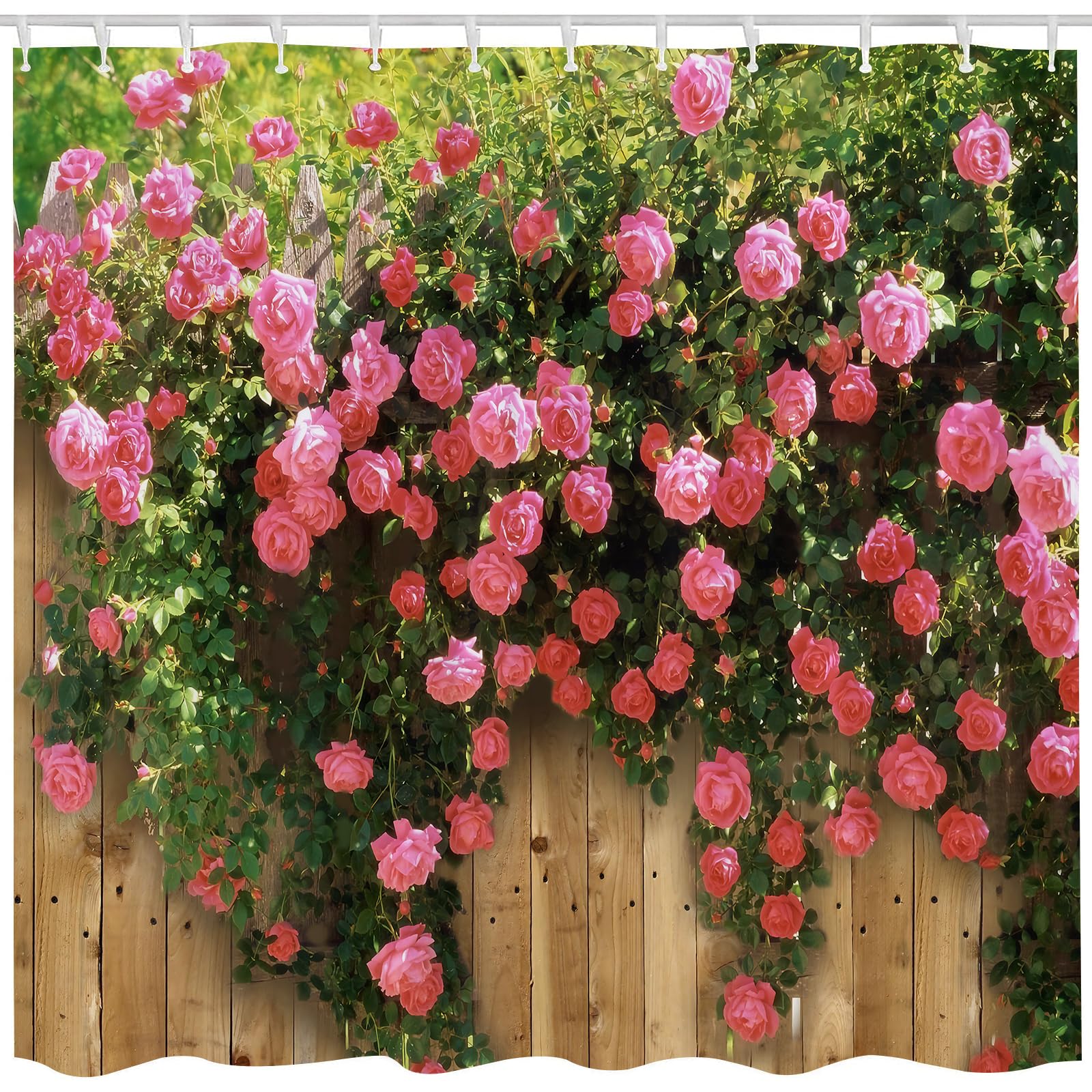 Qucarder Men's Pink Garden Scene Shower Curtain 3D Flowers Floral Wood Fence View Bath Curtain Waterproof Shower Curtains For Bathroom Decor With Hooks 72X78 Inch