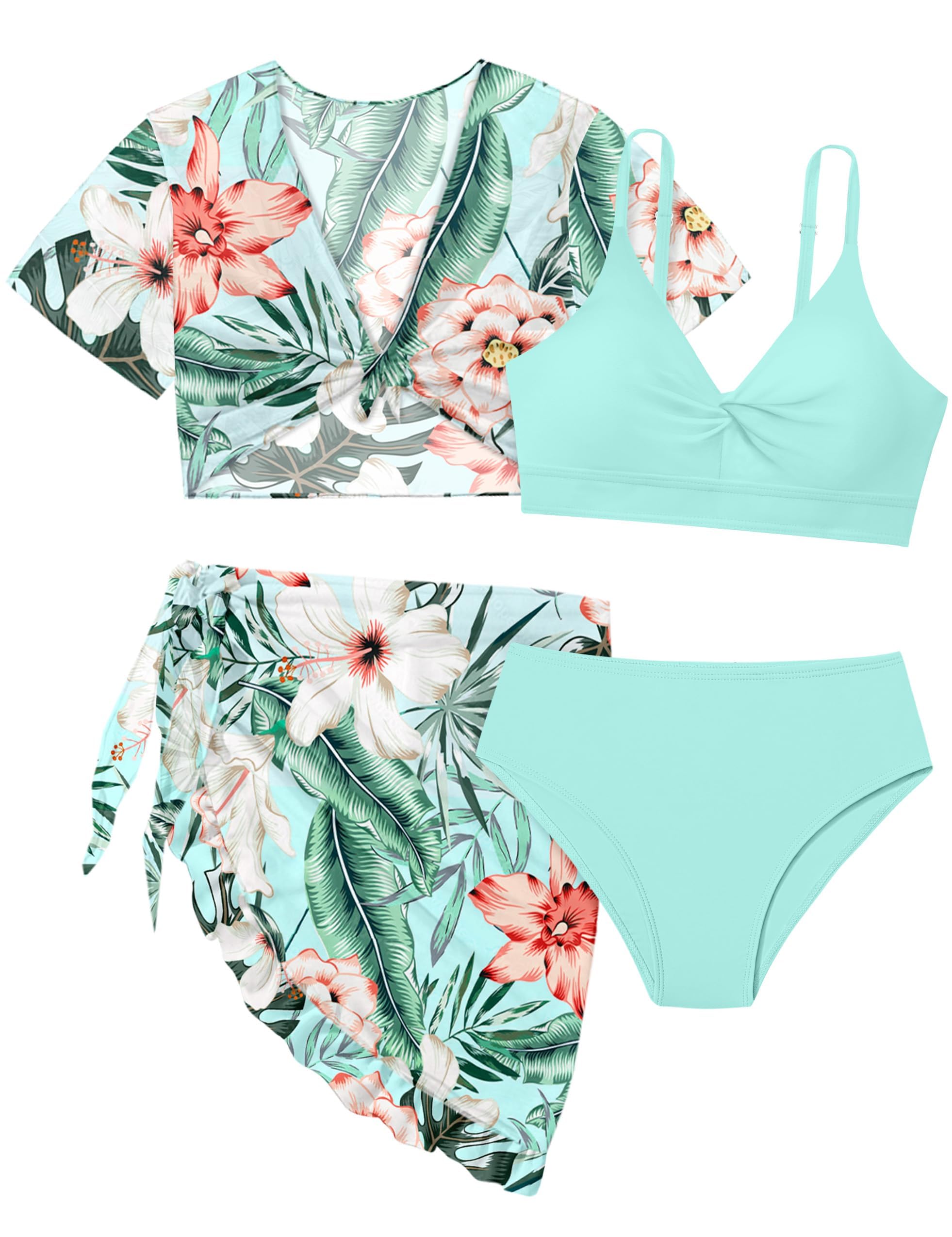 Girls Swimsuits Size 14-16 Bathing Suit 4 Piece Tropical Floral Print Twist Criss Cross Bikini Set with Kimono Cover Up Swimsuits for Teen Girls 15-16 Mint Green