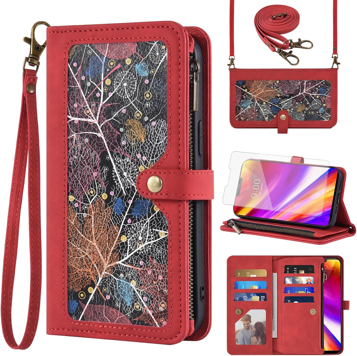 Phone Case for LG G7 ThinQ Wallet Cover With Screen Protector Crossbody Wrist Strap Leather Flip Pattern Zipper Credit Card Holder Stand LGG7 One G 7 Plus LG7 Fit Thin Q G7+ G7thinq LGG7thinq Red