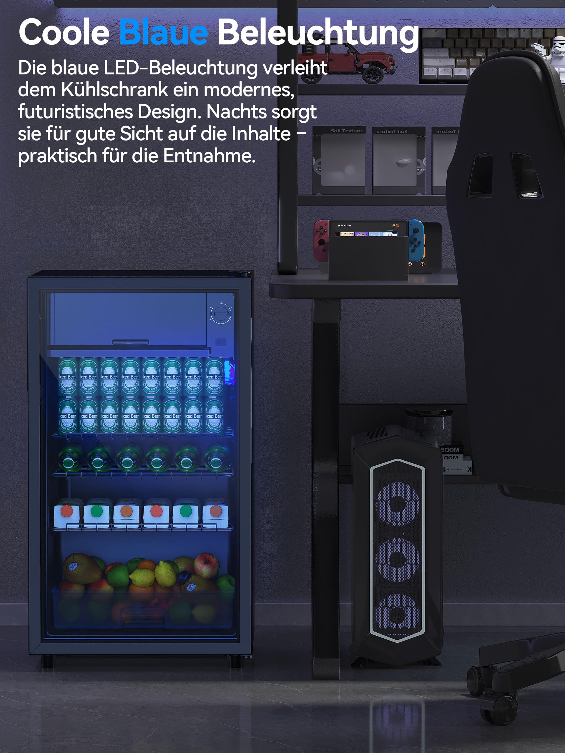 Devoko Getränkekühlschrank 93L Minikühlschrank mit Glast RGB LED Lichtern verstellbare Einlegeböden Minibar Schwarz