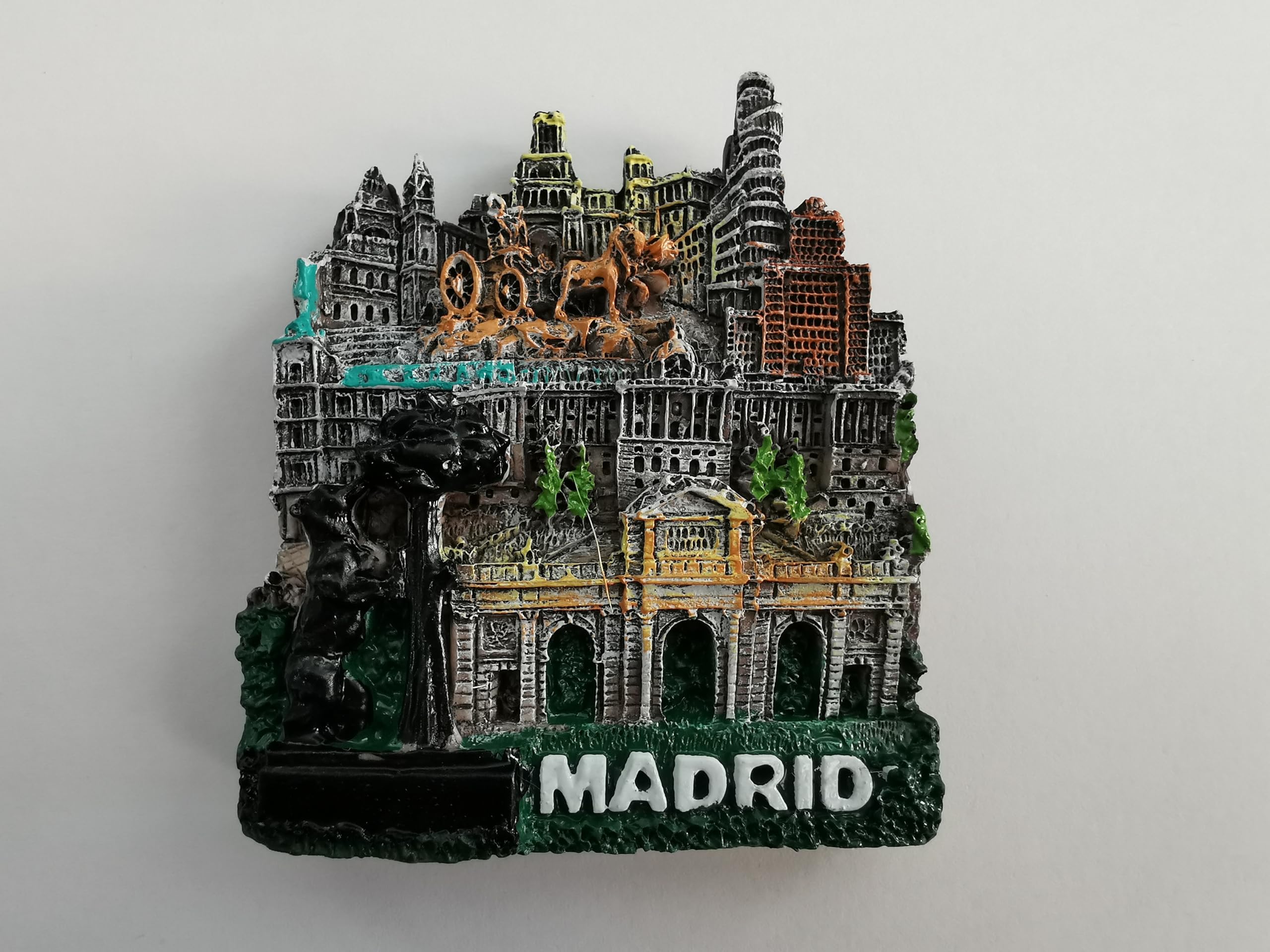 3D Madrid Spain Souvenir Fridge Magnet - Hand-Painted Resin Landmark Skyline - Features Bear & Strawberry Tree, Puerta de Alcalá - 7cm Decorative Travel Gift