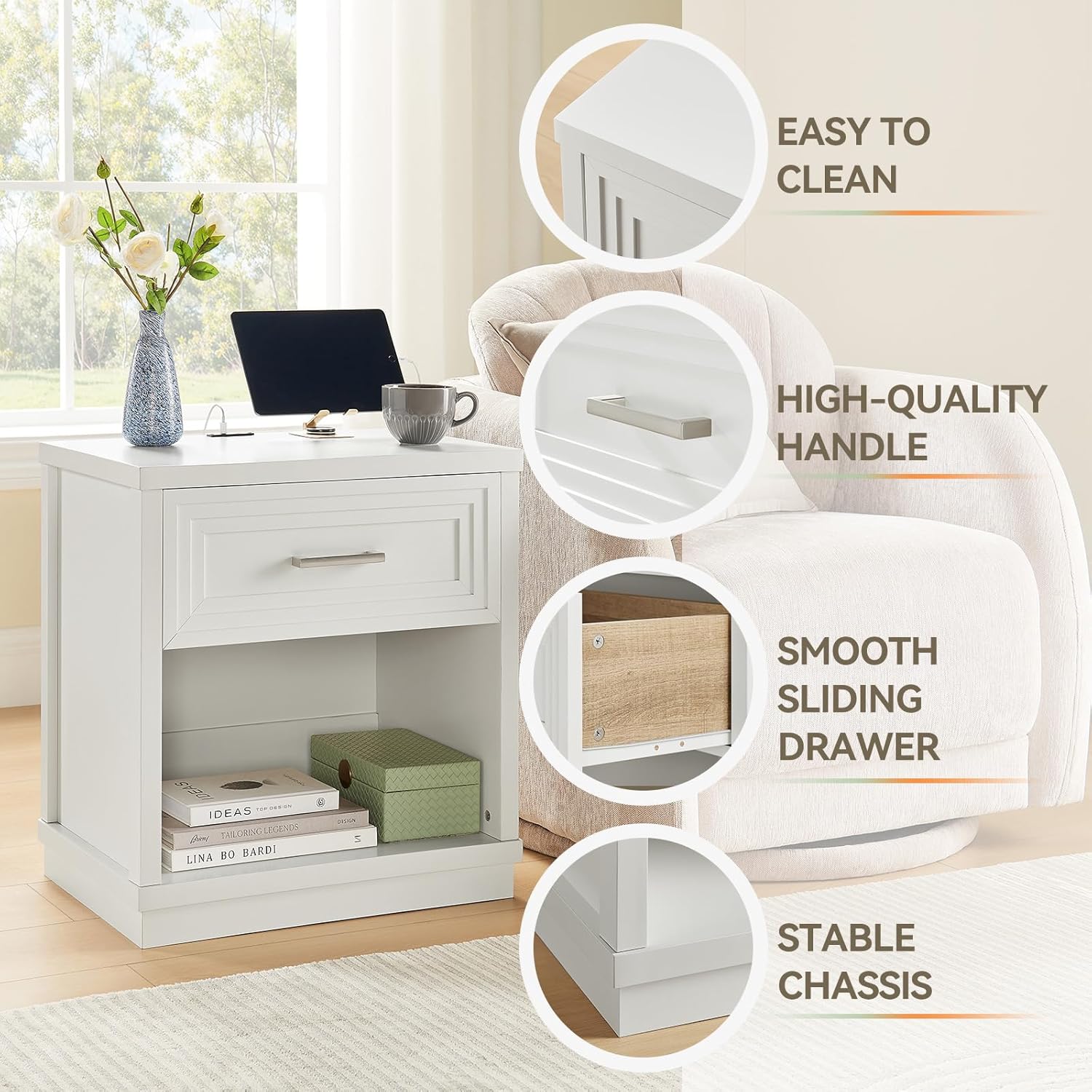 Nightstand with Charging Station, 24" Modern Farmhouse End Table with Drawer and Open Shelf, Wooden Bedside Table for Small Spaces, Bedroom, Dorm, White - Image 4