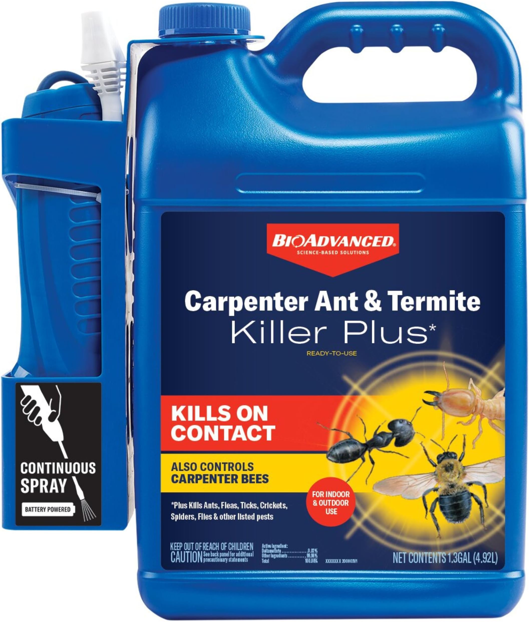 BioAdvanced Carpenter Ant & Termite Killer Plus Spray - 1.3 Gal Bottle | Ready-to-Use - Kills 75+ Listed Insects - Indoor & Outdoor Insect Control - Battery Powered Sprayer - Easy Application