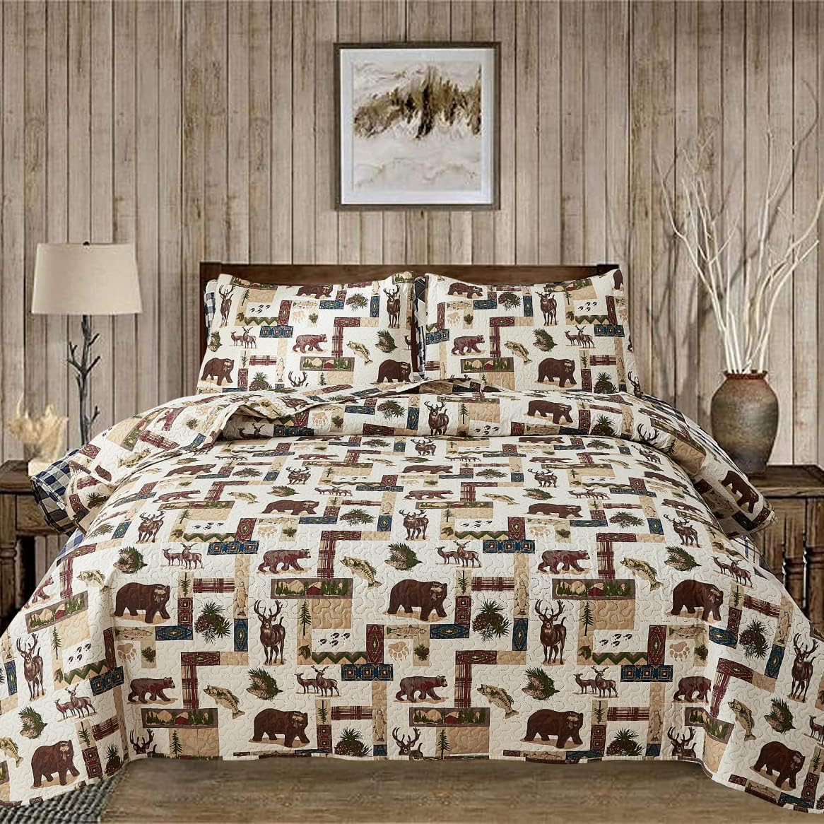 Lodge Moose Bear Trapunta Full/Queen Size Leggero Cabina Copriletto Morbido Traspirante Foresta Letto Copriletto Campagna Spalmabile Rustico Home Decor