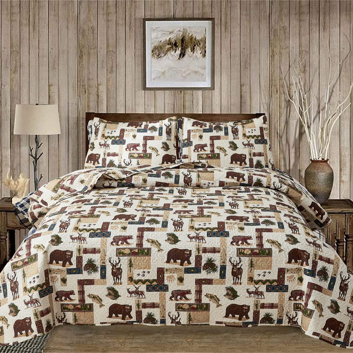 Tigona Rustic Quilt Sets Full/Queen Size Moose Bear Quilt Set Soft