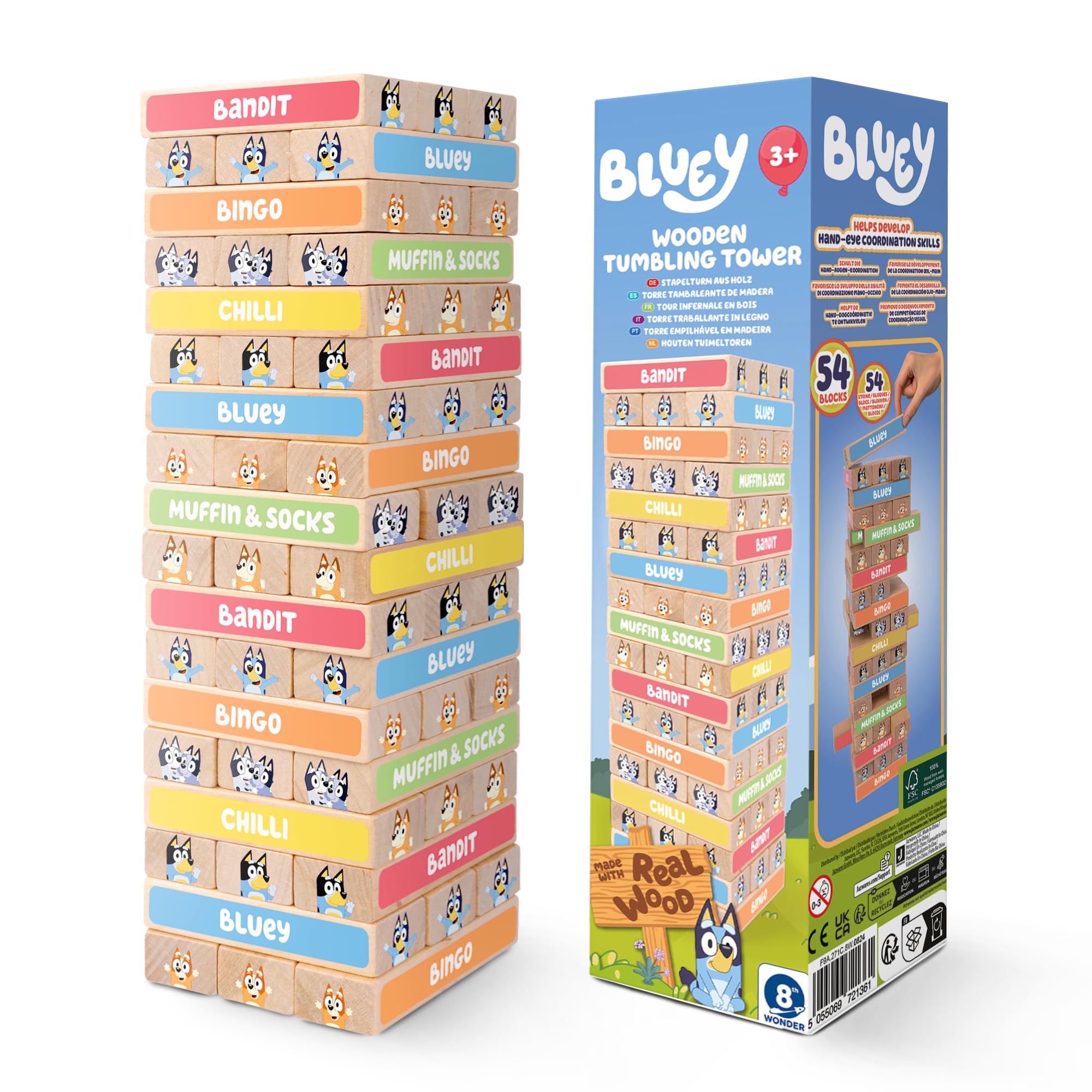BLUEY Tumbling Tower, 54 Colourful Wooden Blocks, Fun Family Game for Hand-Eye Coordination and Motor Skills – FSC Certified for Children 3 Years and Up