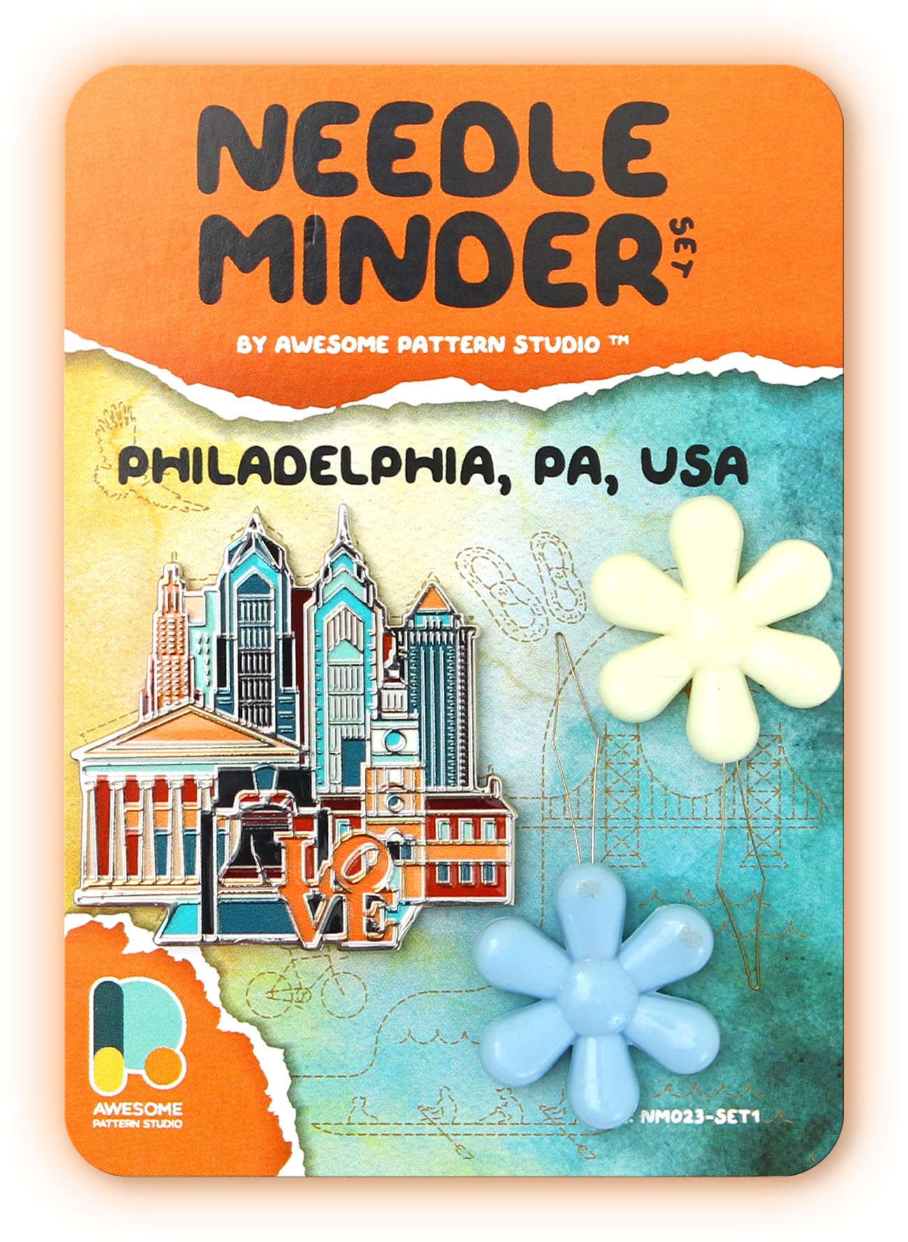 Awesome Pattern Studio Needle Minder Set – Philadelphia Magnetic Needle Minder + 2 Needle Threaders. Enamel Pin for Cross Stitch, Embroidery and Craft
