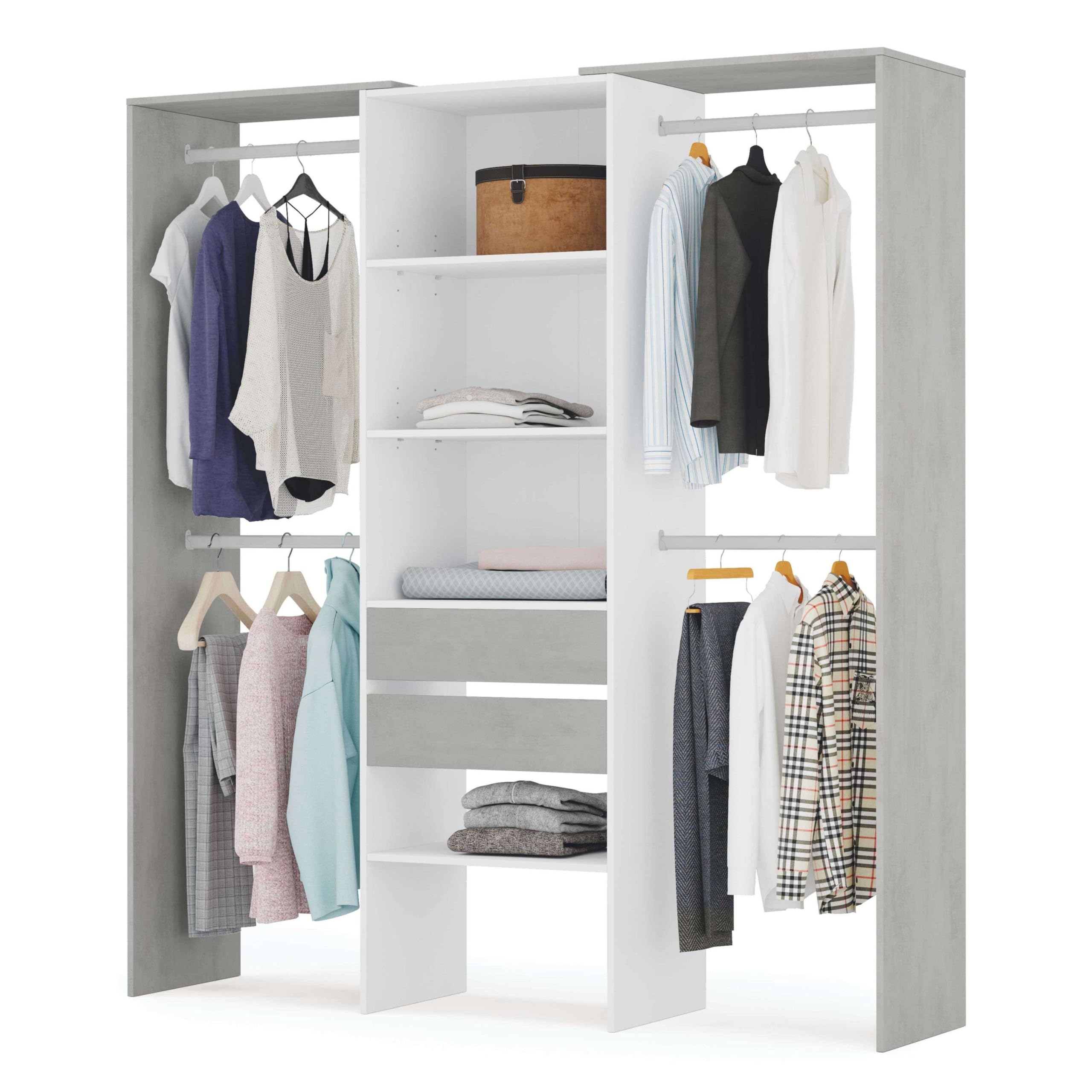 Habitdesign Artikweiß Und Zementgrau Offener Kleiderschrank Mit 2 Schubladen – Modernes Garderobensystem Mit Kleiderstangen Und Einlegeböden, In Artik Weiß Und Zementgrau, Maße: 179 X 202 X 50 Cm (B X H X T), Modell Tidy