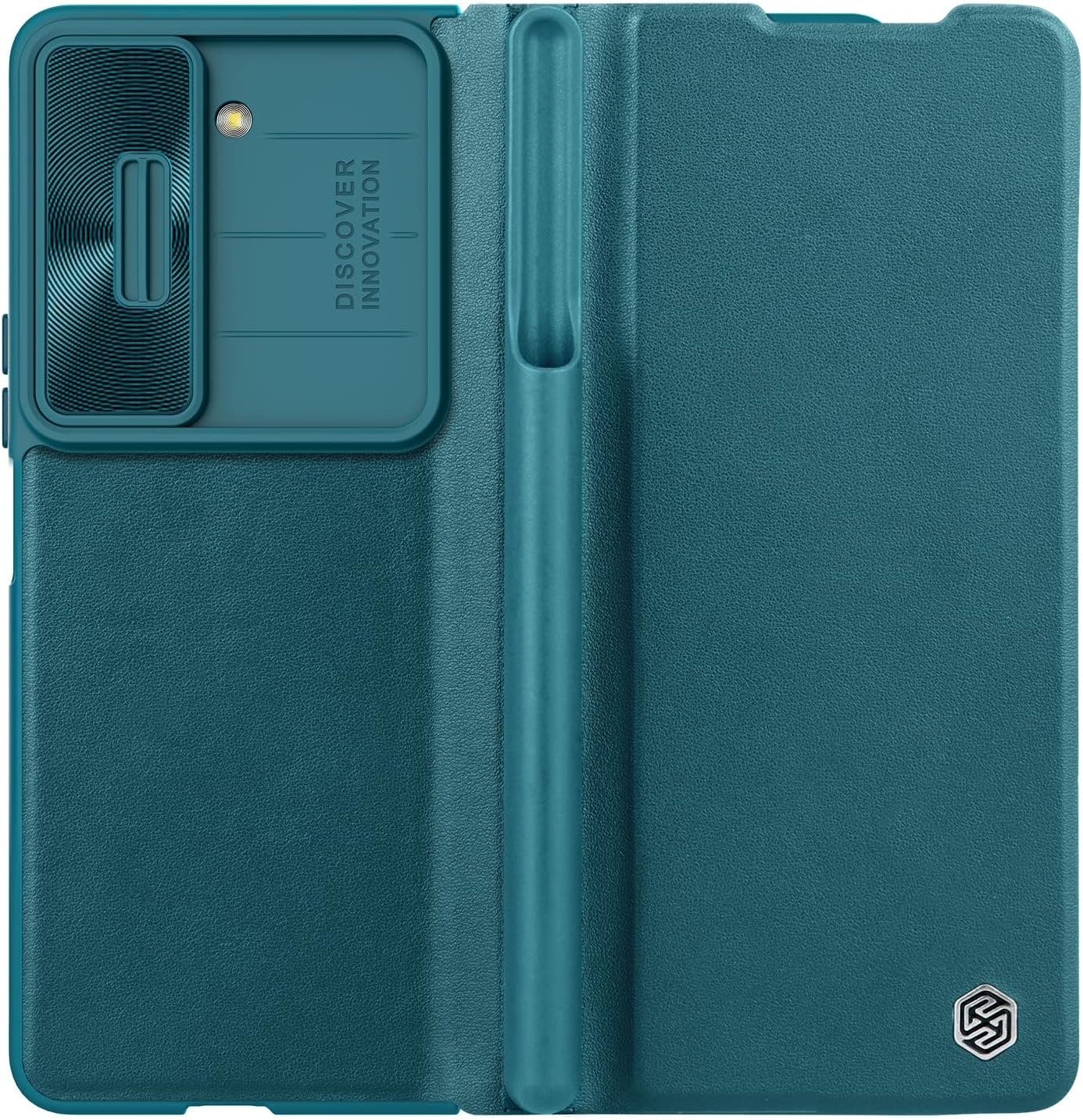 Nillkin Case for Samsung Galaxy Z Fold 5 (7.6" Inch) Qin Pro Camshield Camera Slider Genuine Classic Leather Flip Folio + Removable S Pen Slot Green Color