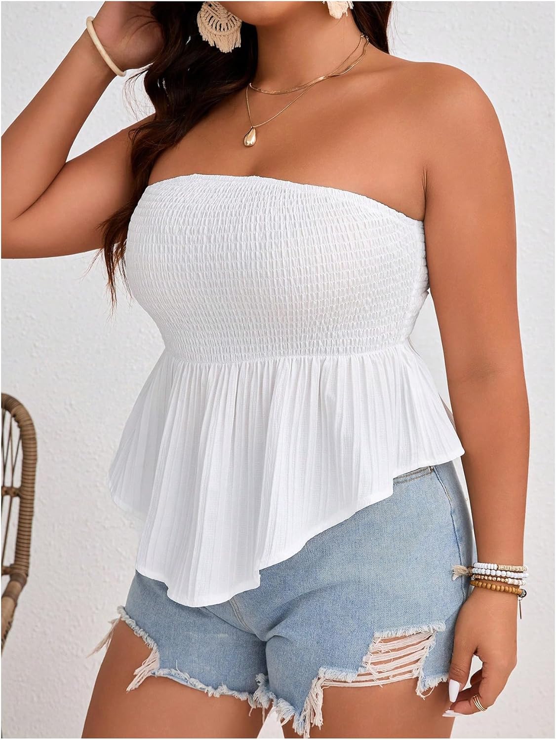 MakeMeChic Women's Plus Size Summer Strapless Tube Top Sleeveless Ruffle Hem Shirred Bandeau Tops - Image 3