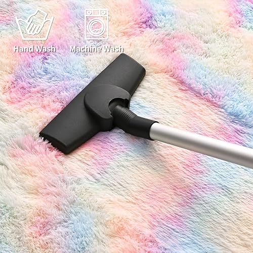 Miniatura 7 de Alfombras de área grandes para sala de estar, 5 x 8 pies, teñido anudado, arco iris, alfombras peludas, ultra suaves, modernas alfombras de interior