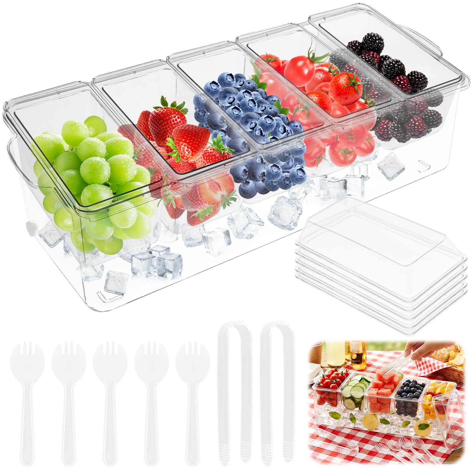 Ghshanog Clear Ice Chilled Condiment Caddy,Divided Serving With Ice Chamber,Buffet Serving Tray With Lid And With 5 Containers, 38X15x9.5cm Food Container For Salad Bar, Fruit, Pizza, Fruit, Buffets, Party