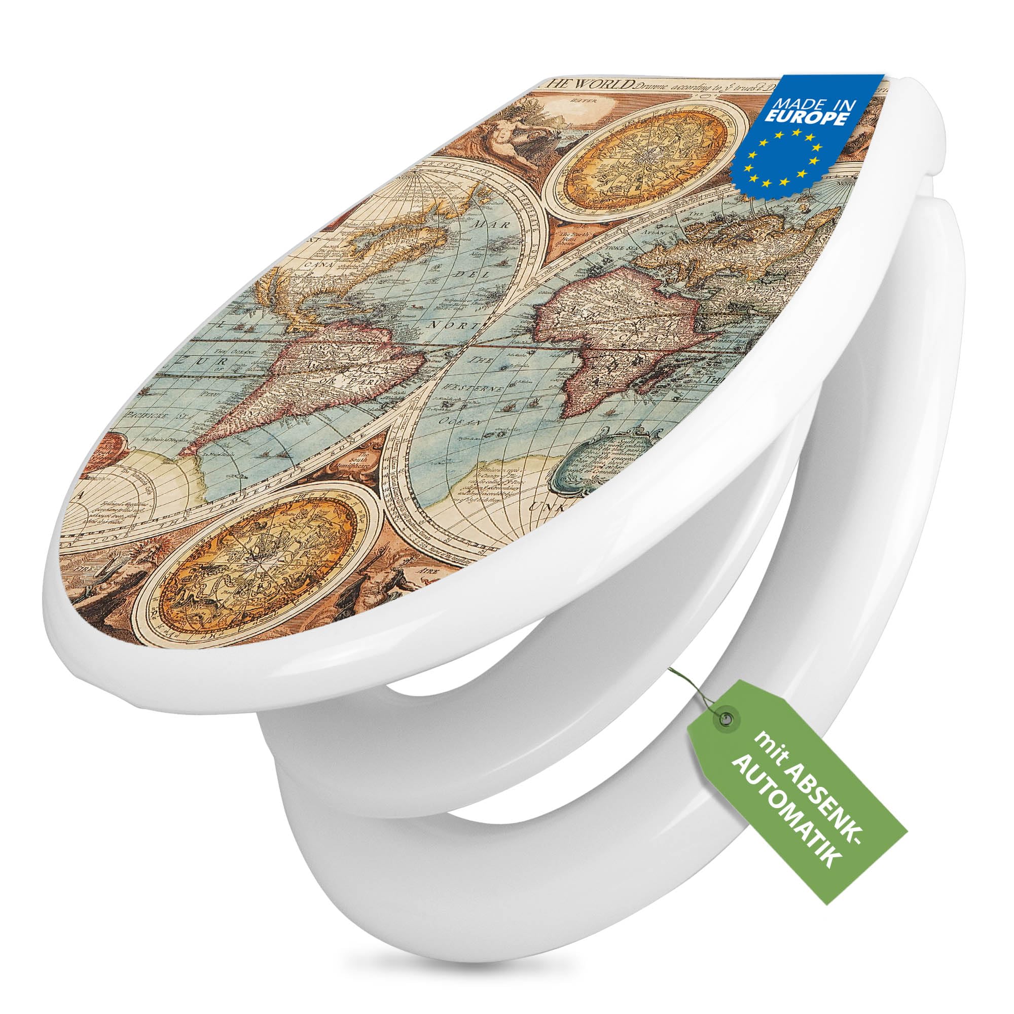 banjado Familien WC Sitz mit Absenkautomatik 44,9x37,1cm - Klobrille mit Kindersitz aus hochwertigem Polypropylen - Toilettendeckel mit Kinder Toilettensitz integriert - Motiv Historische Weltkarte