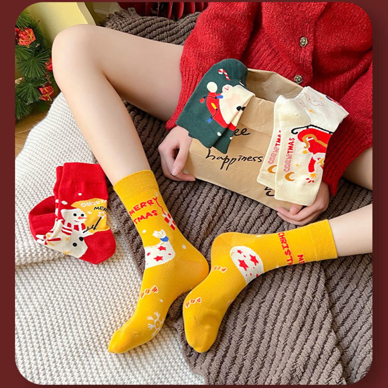 NIBHZ Calcetines Divertidos Calcetines de Navidad para Hombres, Mujeres, Coloridos, Divertidos, Novedad, Calcetines Estampados, 4 Pares,Red-One Size