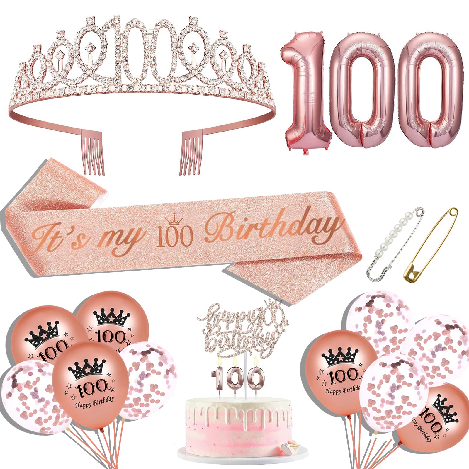100th Birthday Sash and Tiara for Women, 100th Birthday Sash, 100th Birthday Crown, 100th Birthday Cake Topper, Balloons, Pin and Candle Set, Rose Gold
