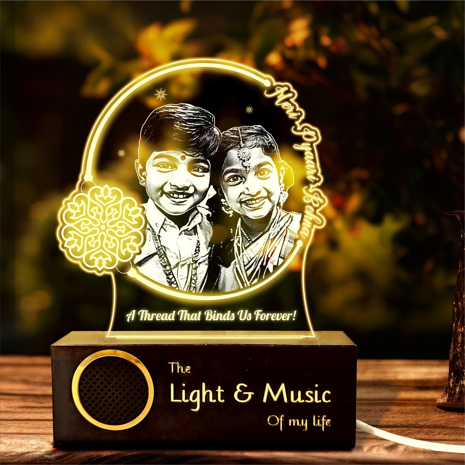 ZOCI VOCI Rakshabandhan Gift for Sister, Cousin Or Sibling Acrylic Personalized Engraved LED Photo Lamp - | Unique Rakhi Gift for Brother (Threads of Love, Lamp + BT Speaker)
