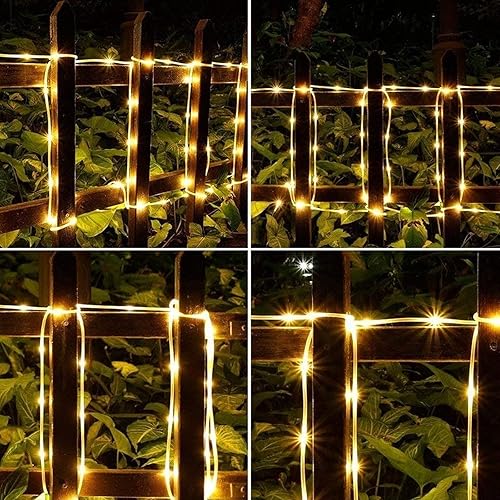 Miniatura 5 de Oluote Tira de luces solares para exteriores, 33 pies, 100 luces LED impermeables con panel solar para exteriores, hogar, jardín, fiestas,
